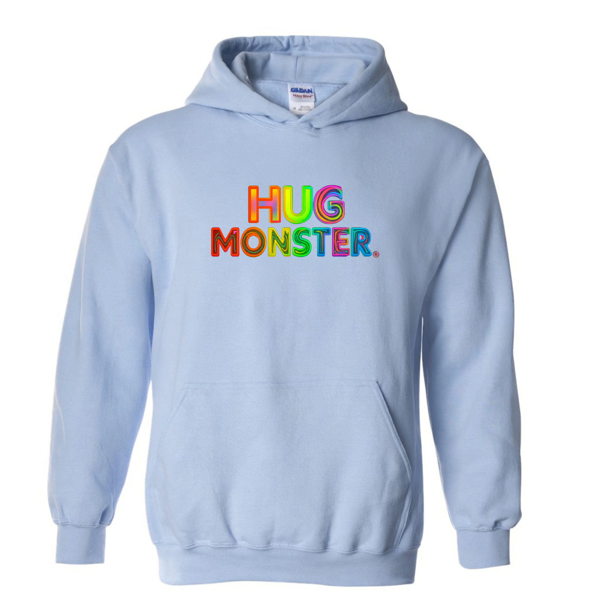 Hug Monster Digital Rainbow Chaos graphic hoodie in Baby Blue cozy fleece positive message sweatshirt