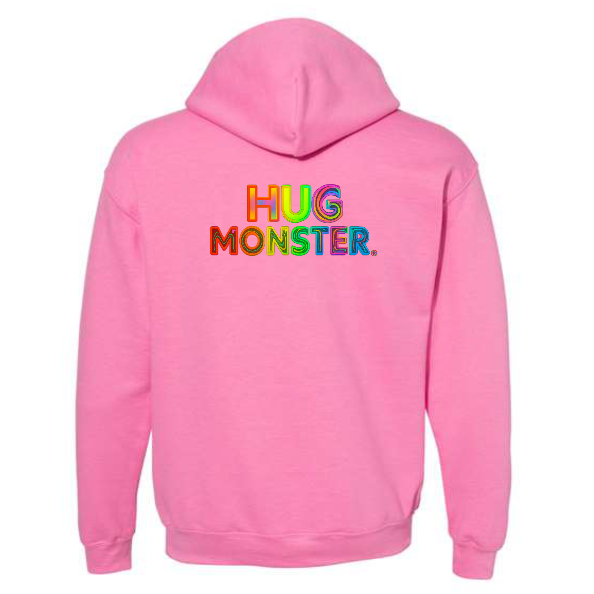 Hug Monster Digital Rainbow Chaos graphic hoodie in Bright Soft Rose Pink cozy fleece positive message sweatshirt