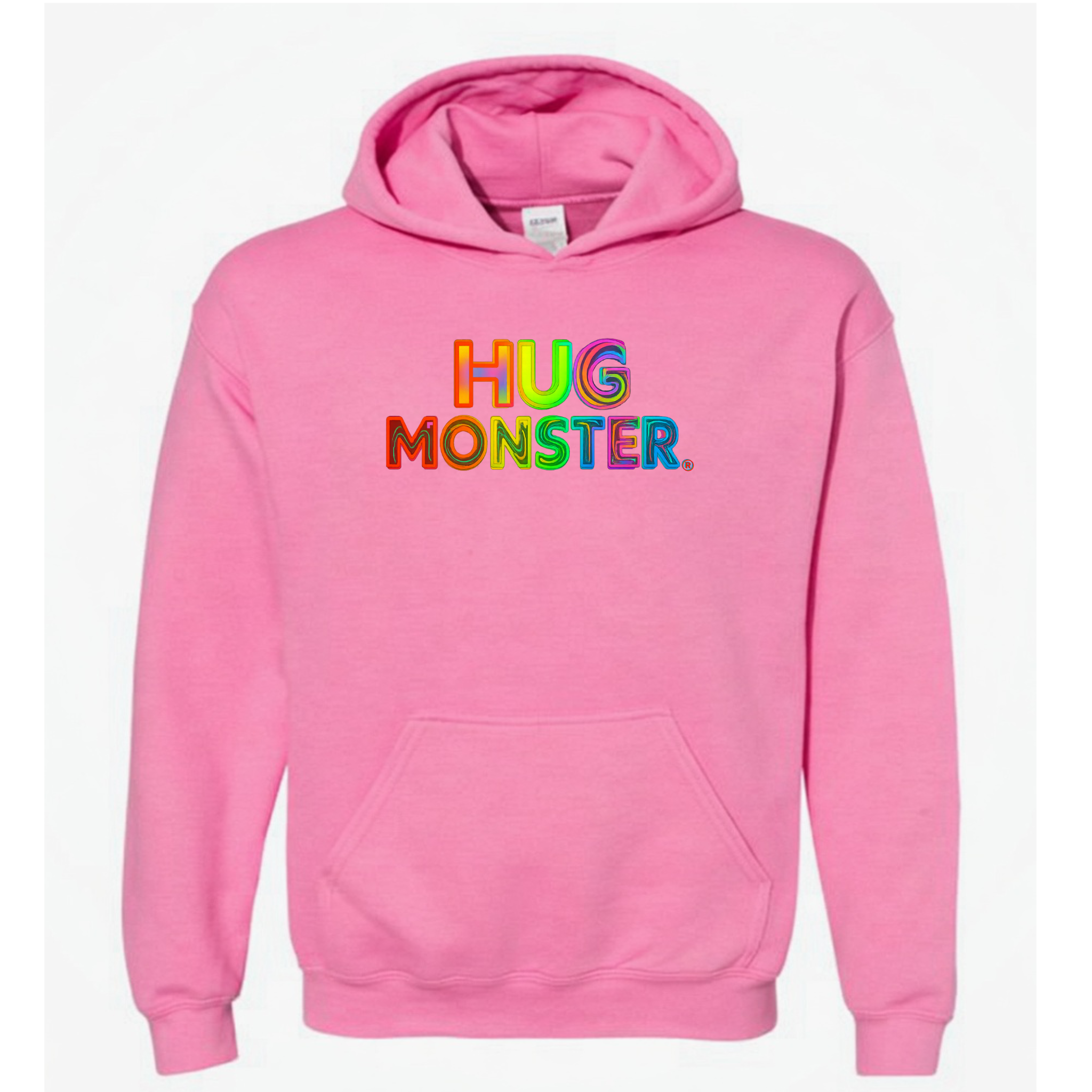 Hug Monster Digital Rainbow Chaos graphic hoodie in Bright Soft Rose Pink cozy fleece positive message sweatshirt