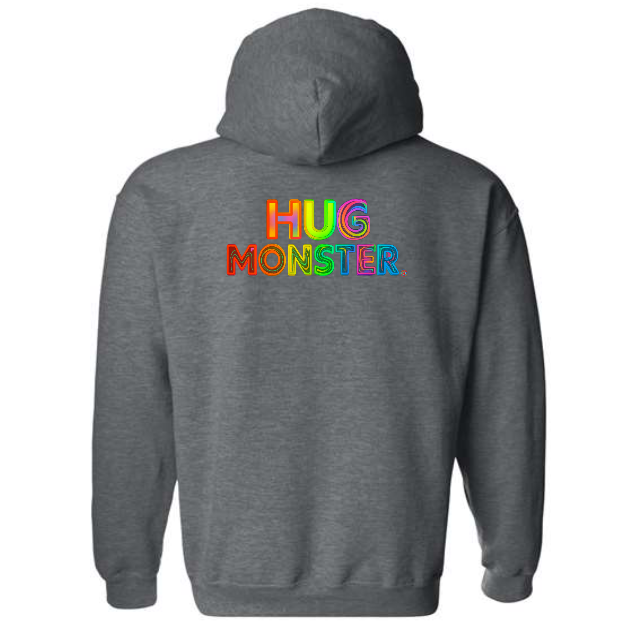 Hug Monster Digital Rainbow Chaos graphic hoodie in Dark Heather Grey cozy fleece positive message sweatshirt