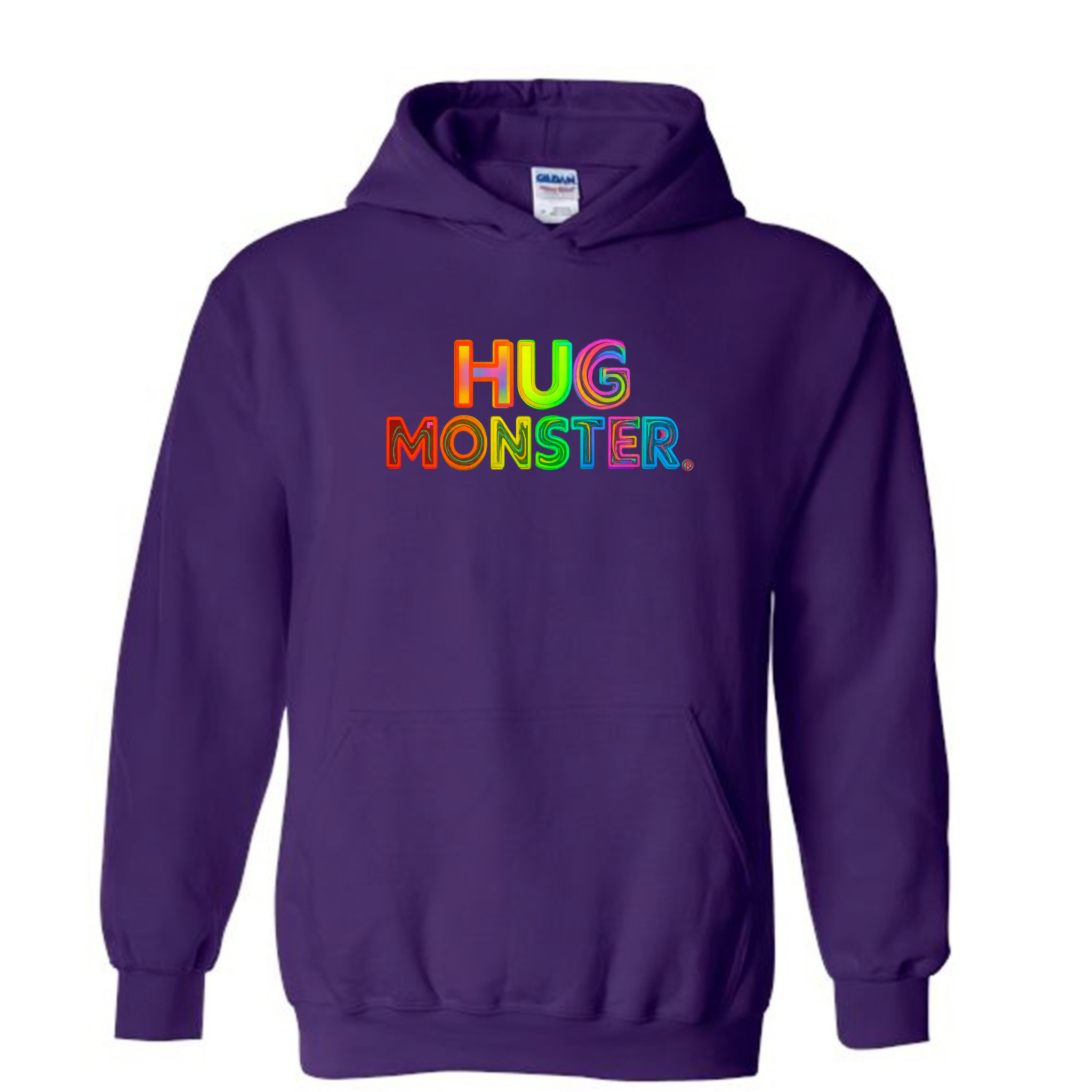 Hug Monster Digital Rainbow Chaos graphic hoodie in Purple cozy fleece positive message sweatshirt