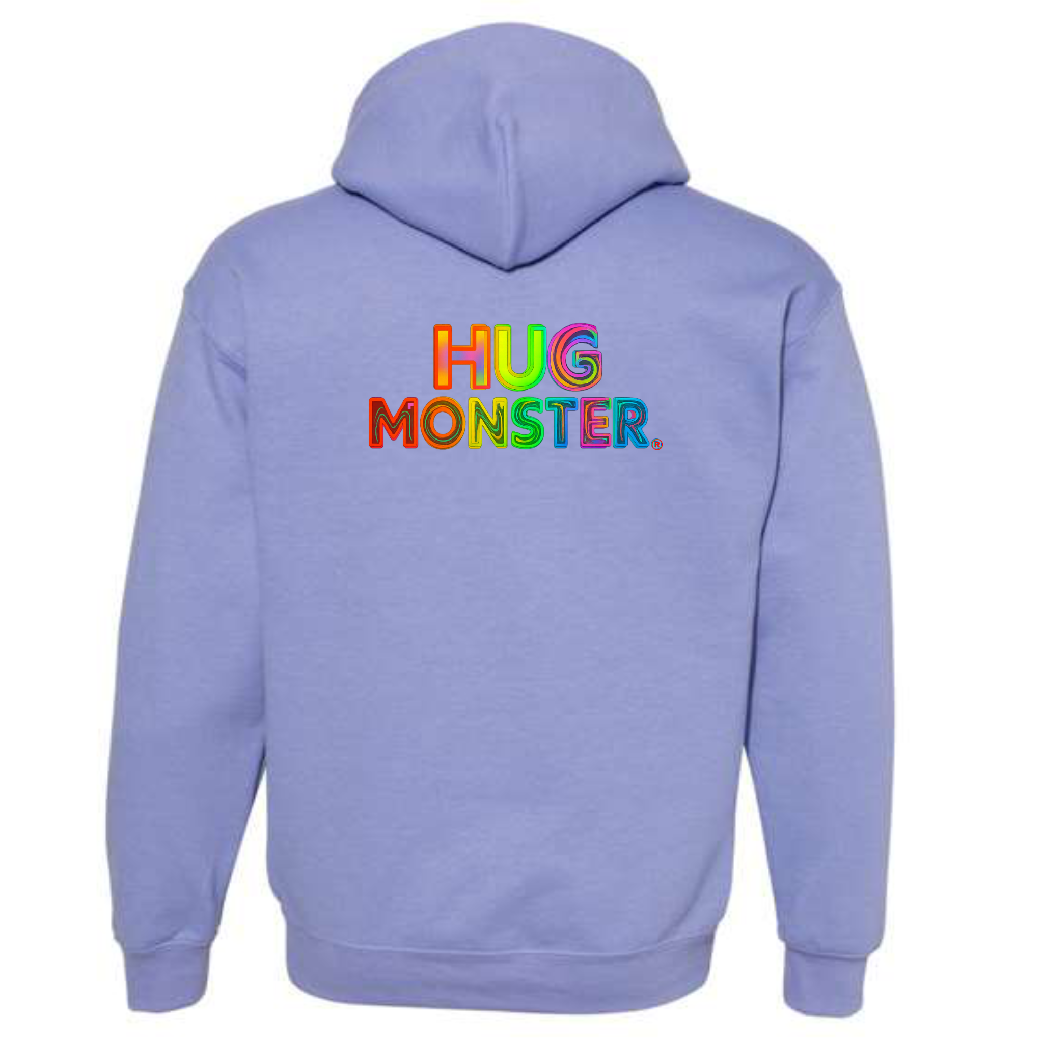 Hug Monster Digital Rainbow Chaos graphic hoodie in Violet cozy fleece positive message sweatshirt