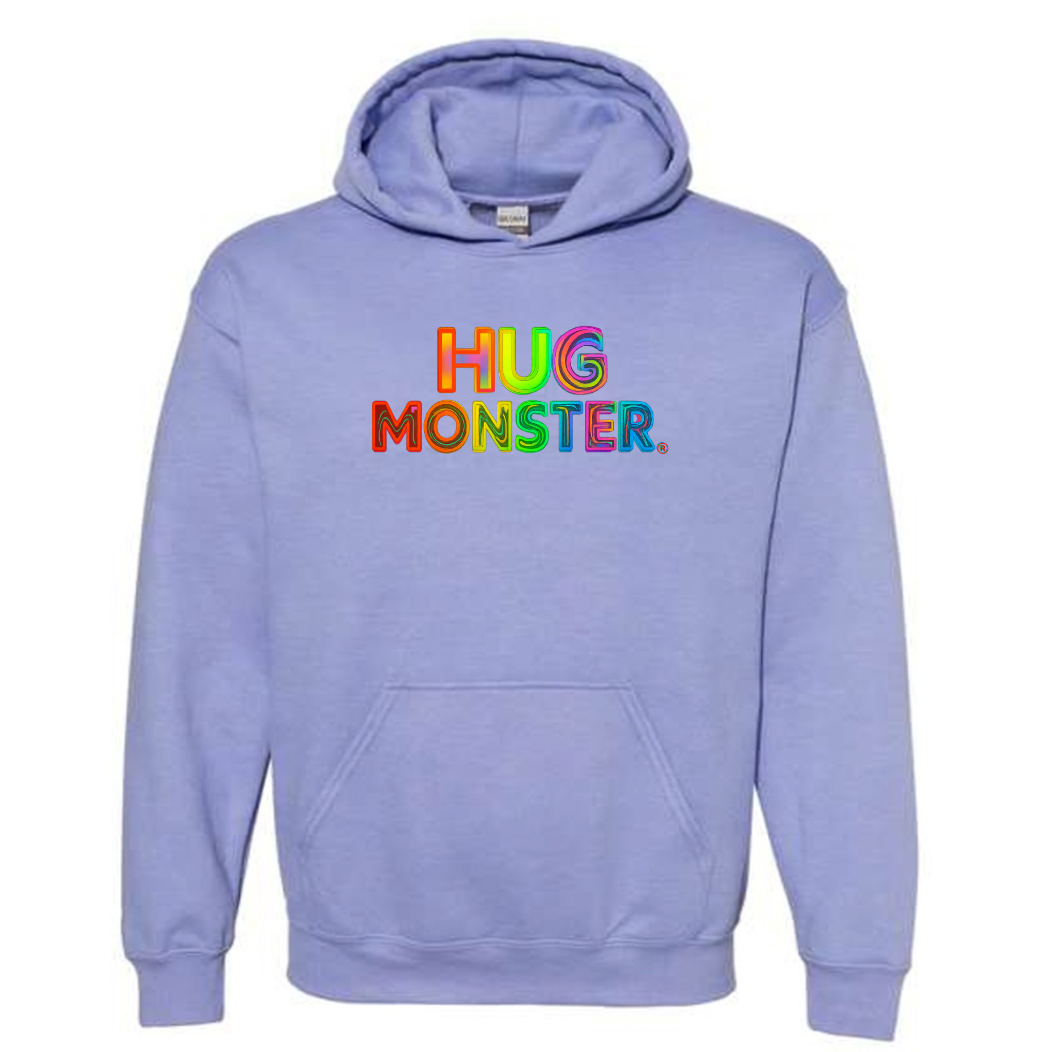 Hug Monster Digital Rainbow Chaos graphic hoodie in Violet cozy fleece positive message sweatshirt