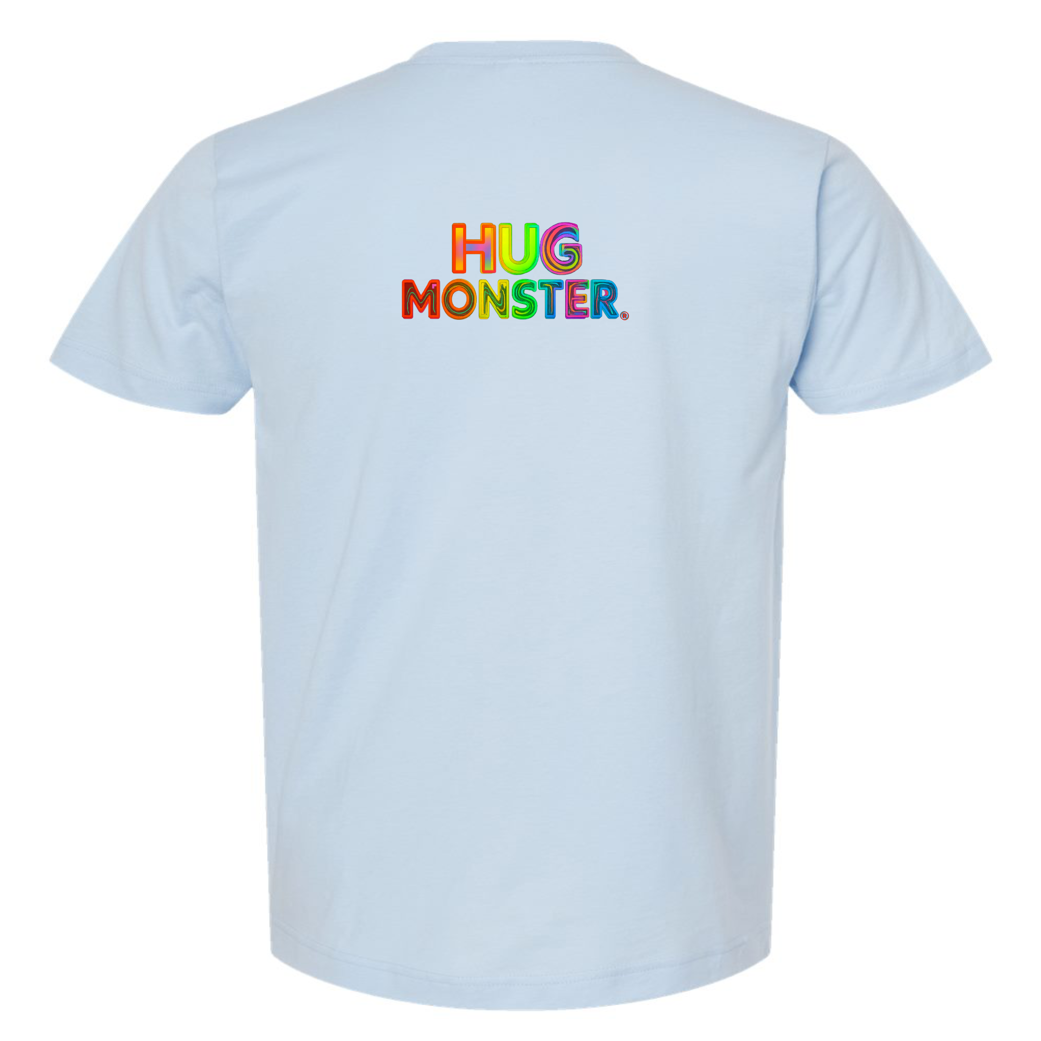 Hug Monster Digital Rainbow Chaos T-Shirt - Positive Message Graphic Tee in Baby Blue – Back View
