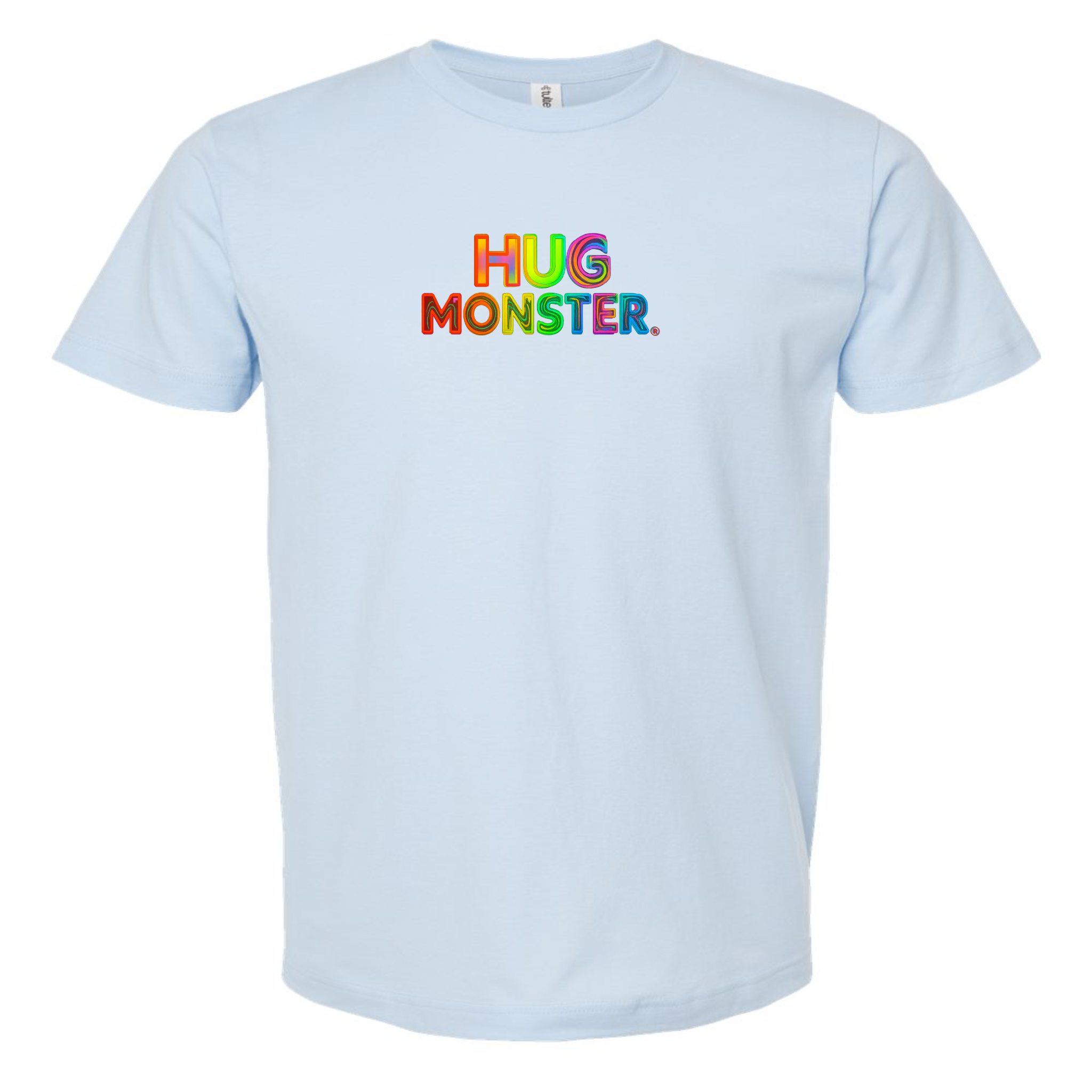 Hug Monster Digital Rainbow Chaos T-Shirt - Positive Message Graphic Tee in Baby Blue – Front View