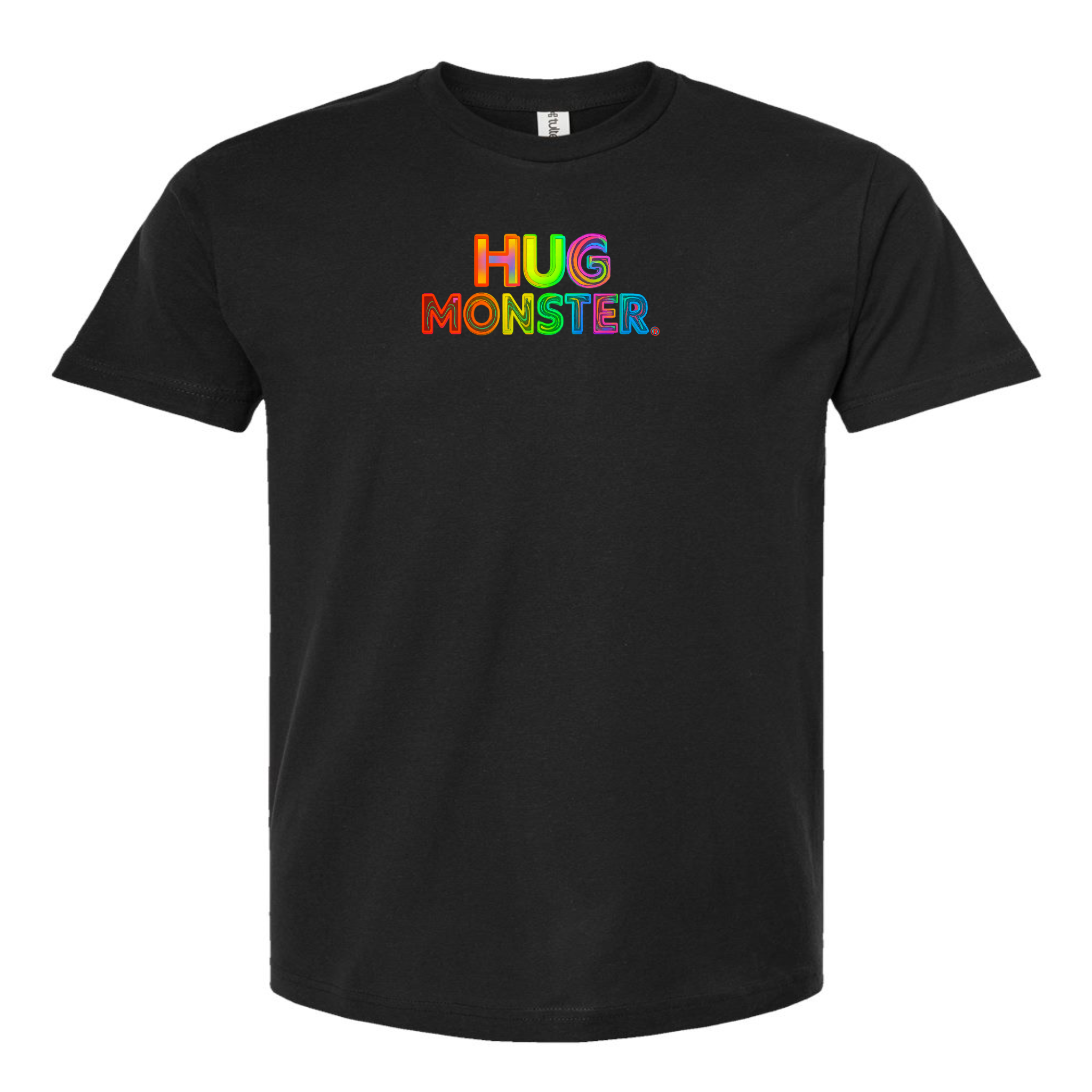 Hug Monster Digital Rainbow Chaos T-Shirt - Positive Message Graphic Tee in Black – Front View