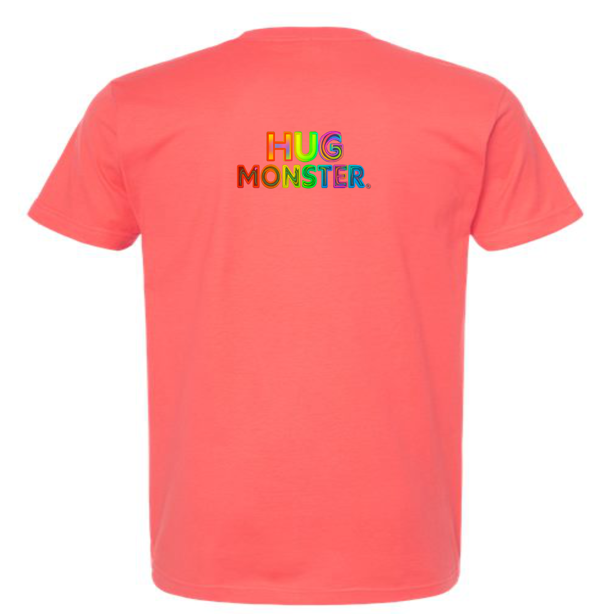Hug Monster Digital Rainbow Chaos T-Shirt - Positive Message Graphic Tee in Bright Coral – Back View