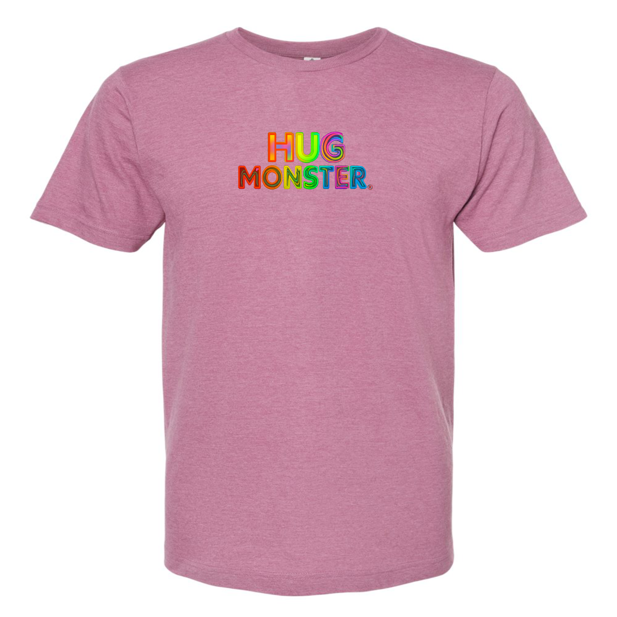 Hug Monster Digital Rainbow Chaos T-Shirt - Positive Message Graphic Tee in Heather Dusty Rose Pink – Front View
