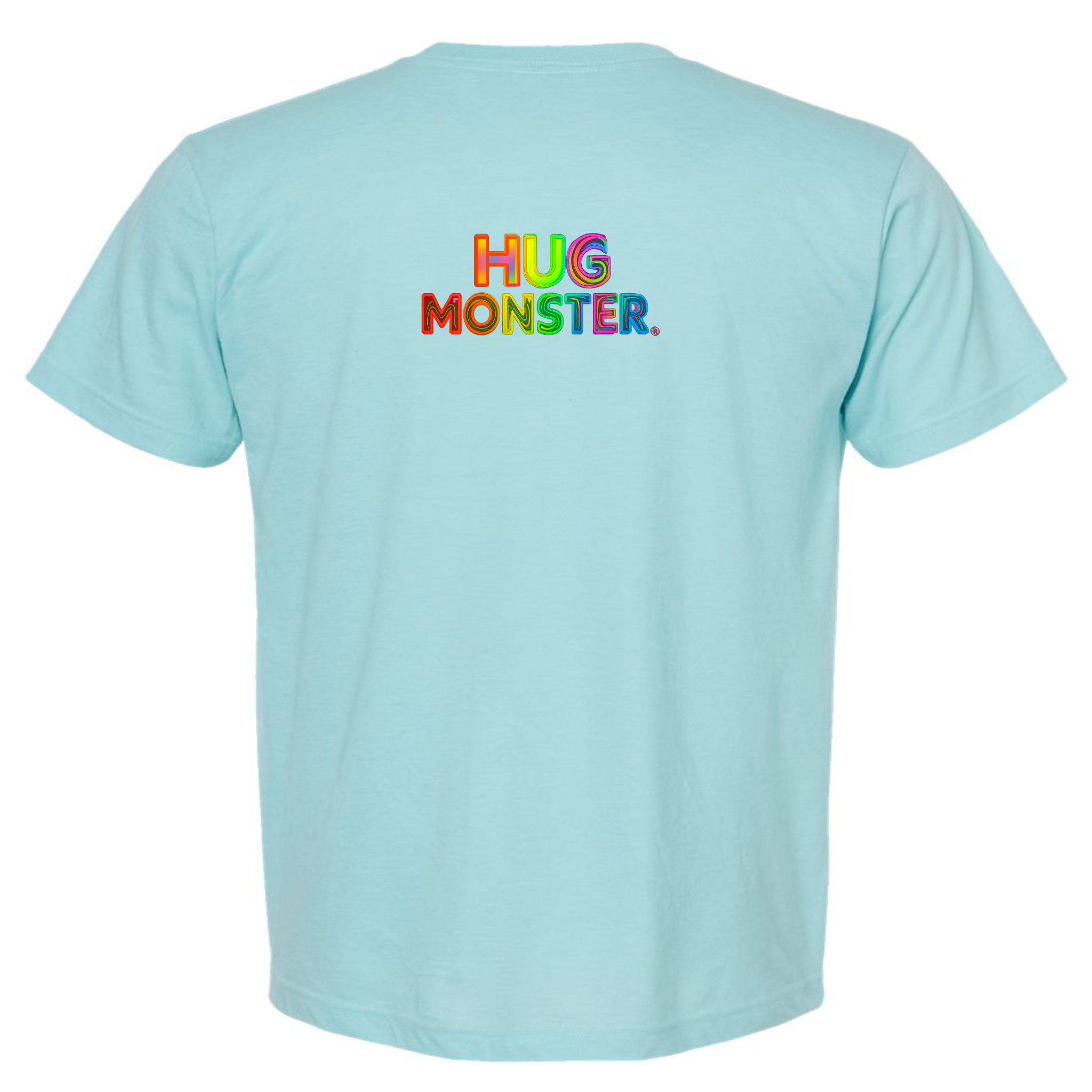 Hug Monster Digital Rainbow Chaos T-Shirt - Positive Message Graphic Tee in Heather Turquoise – Back View