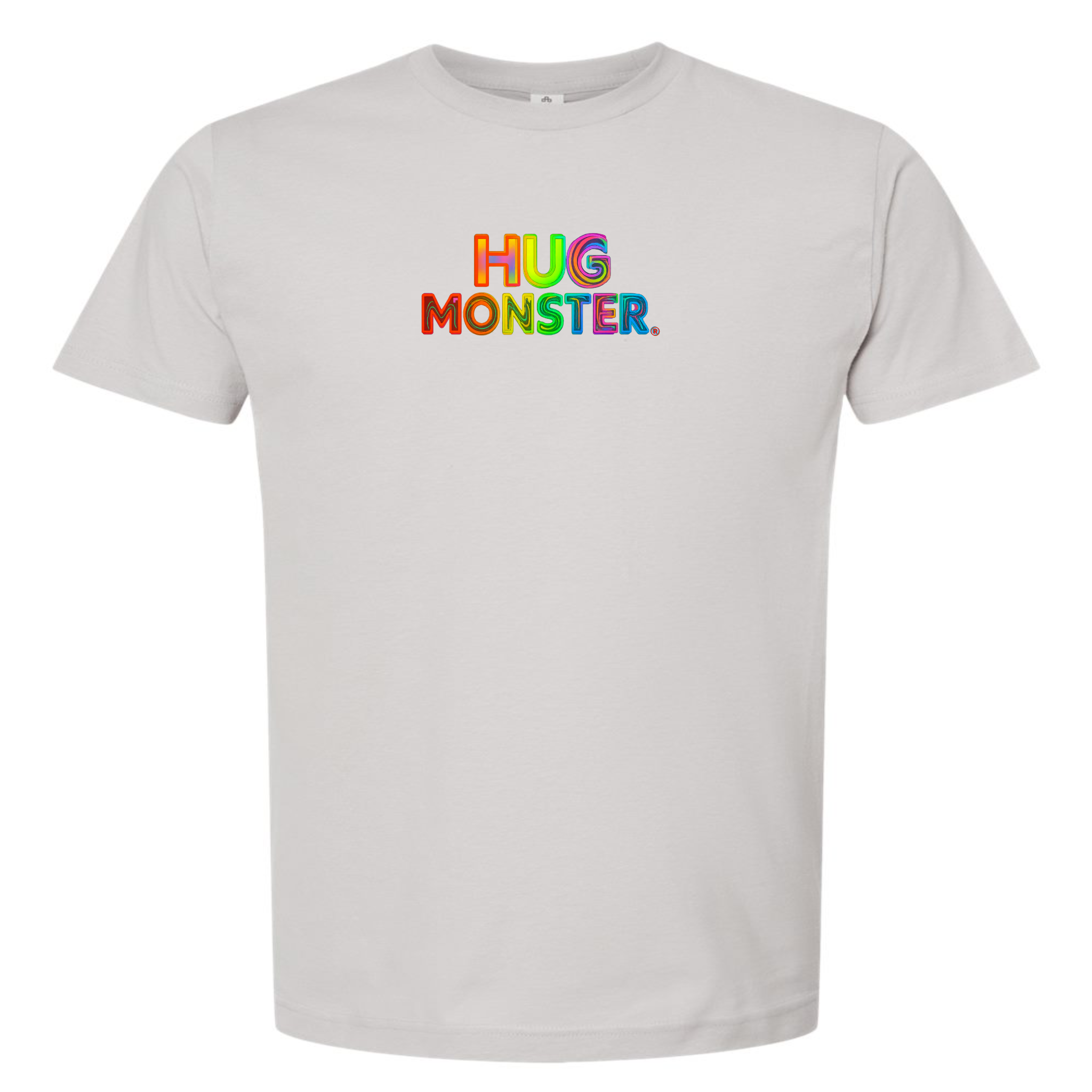 Hug Monster Digital Rainbow Chaos T-Shirt - Positive Message Graphic Tee in Silver – Front View