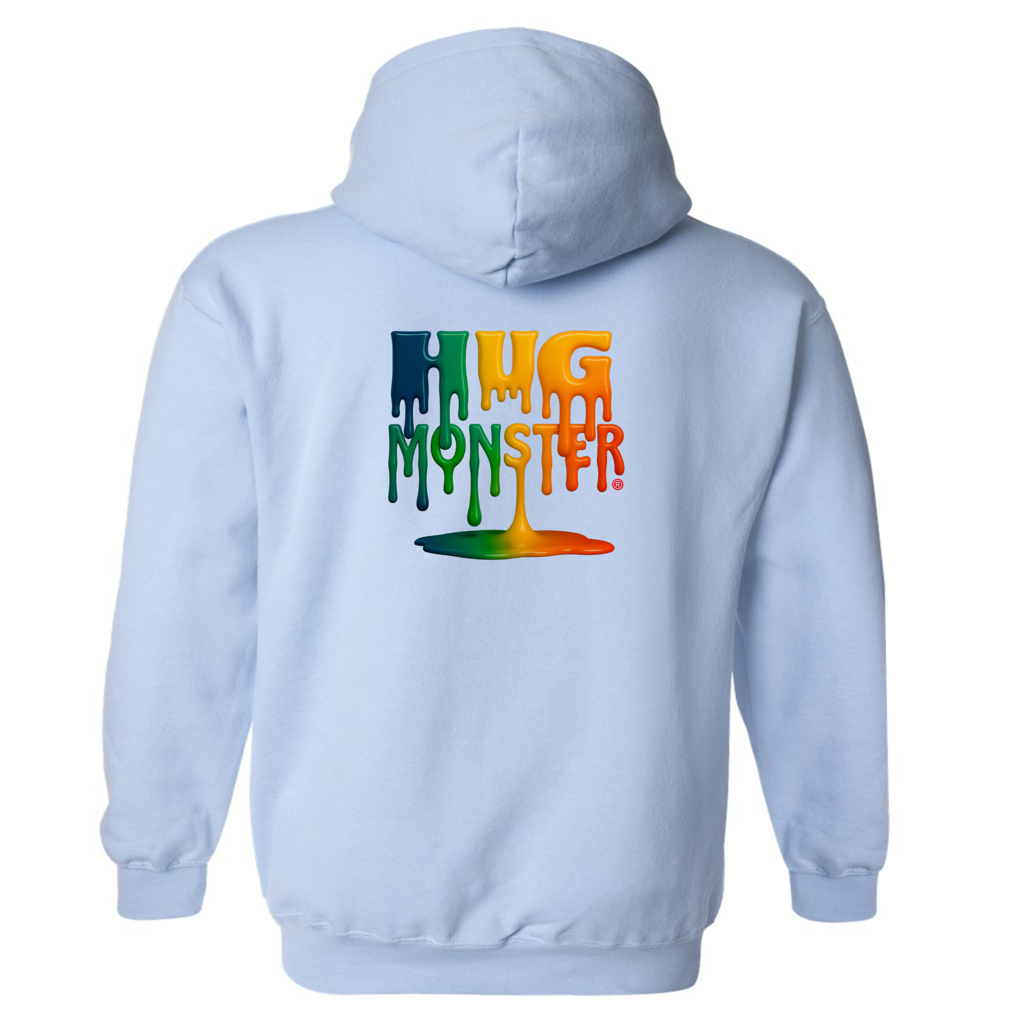 Hug Monster Dripping Paint Puddle graphic hoodie in Baby Blue cozy fleece positive message sweatshirt
