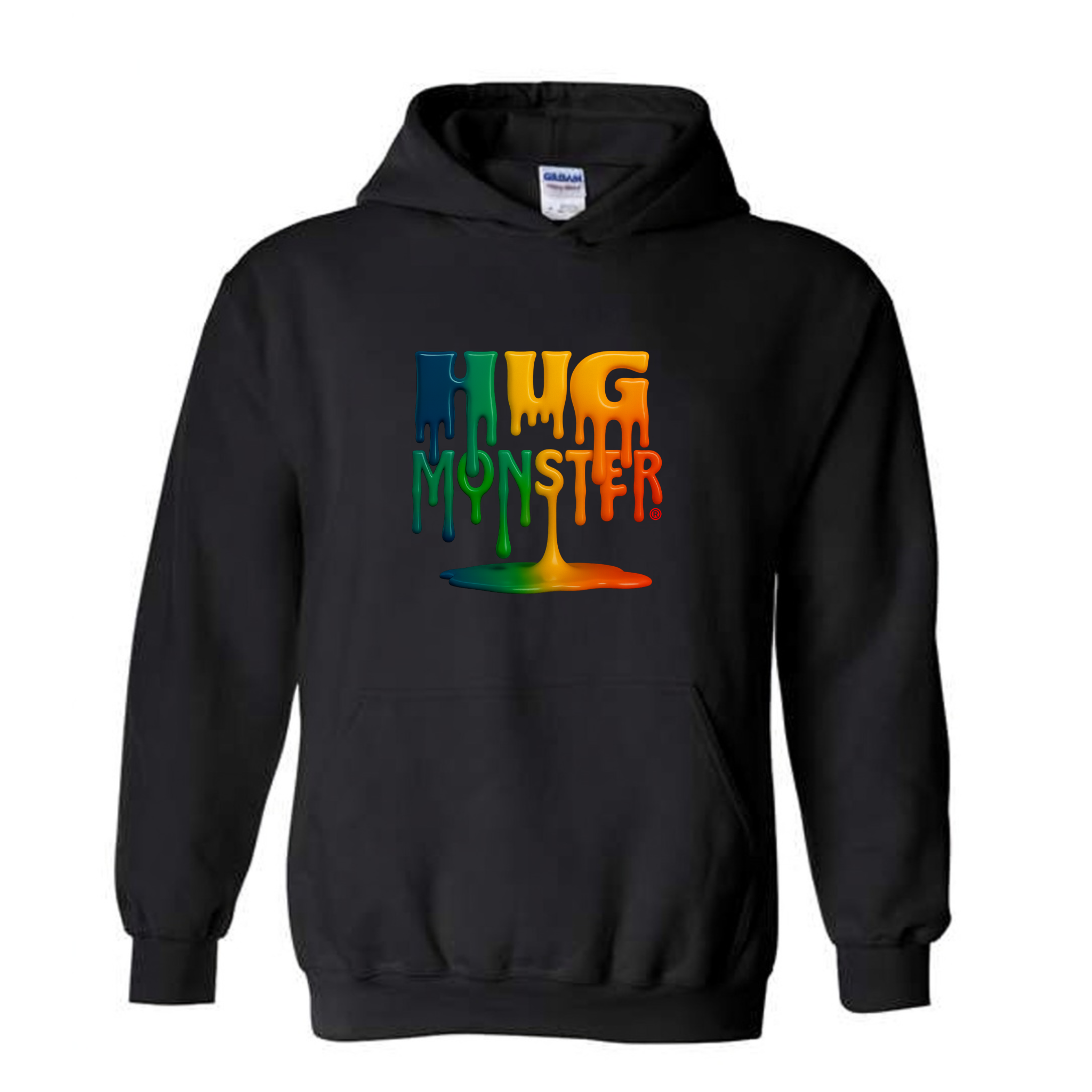 Hug Monster Dripping Paint Puddle graphic hoodie in Black cozy fleece positive message sweatshirt