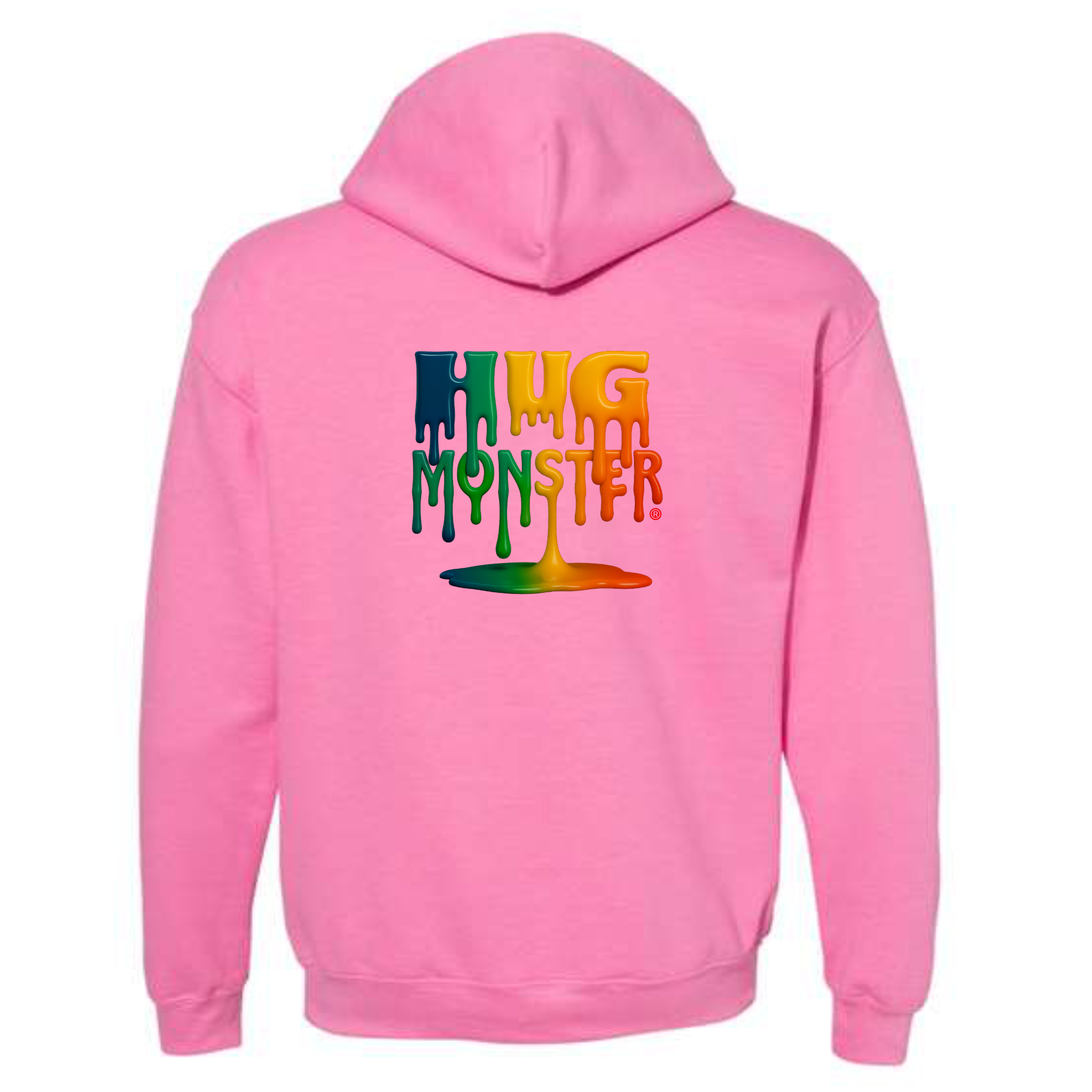 Bright Rose Soft Pink hoodie with colorful 'Hug Monster' text on the back against a white background