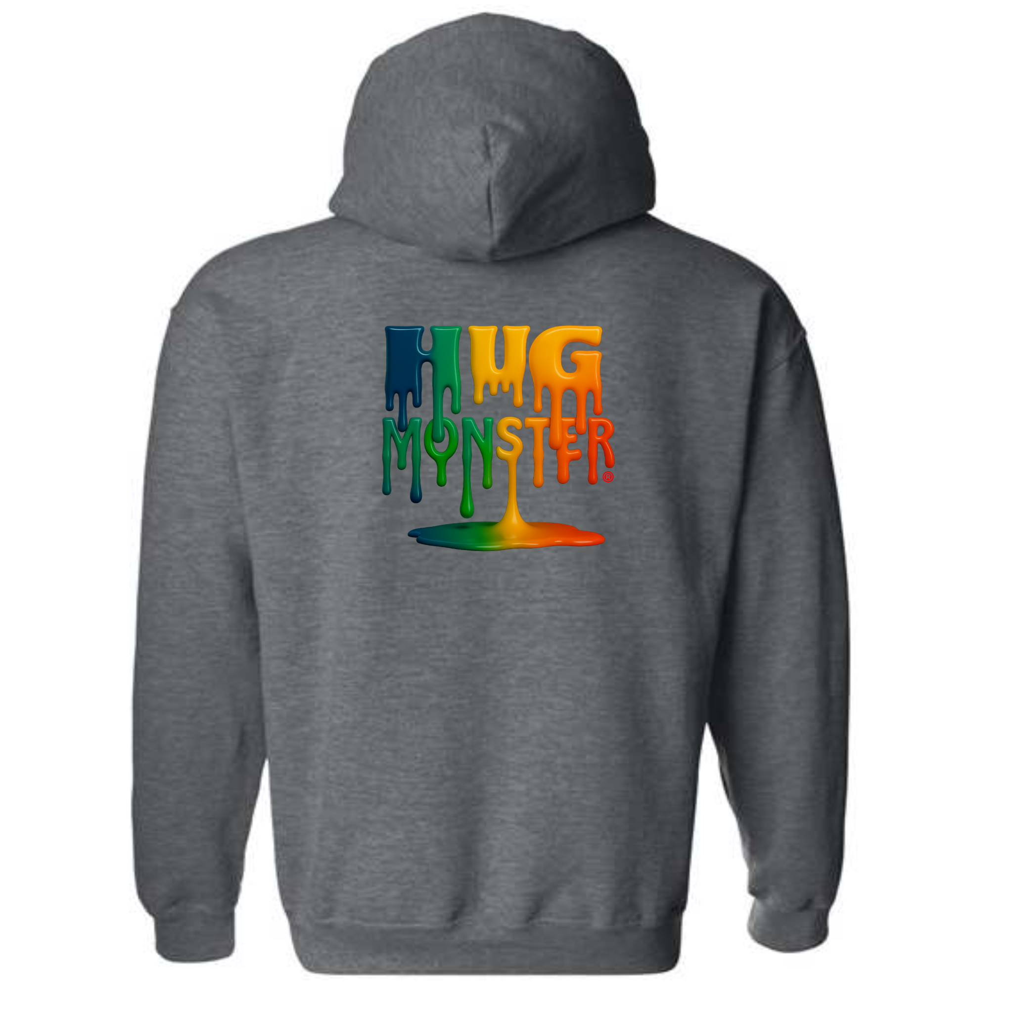 Dark Heather Grey hoodie with 'Hug Monster' colorful text on the back against a white background