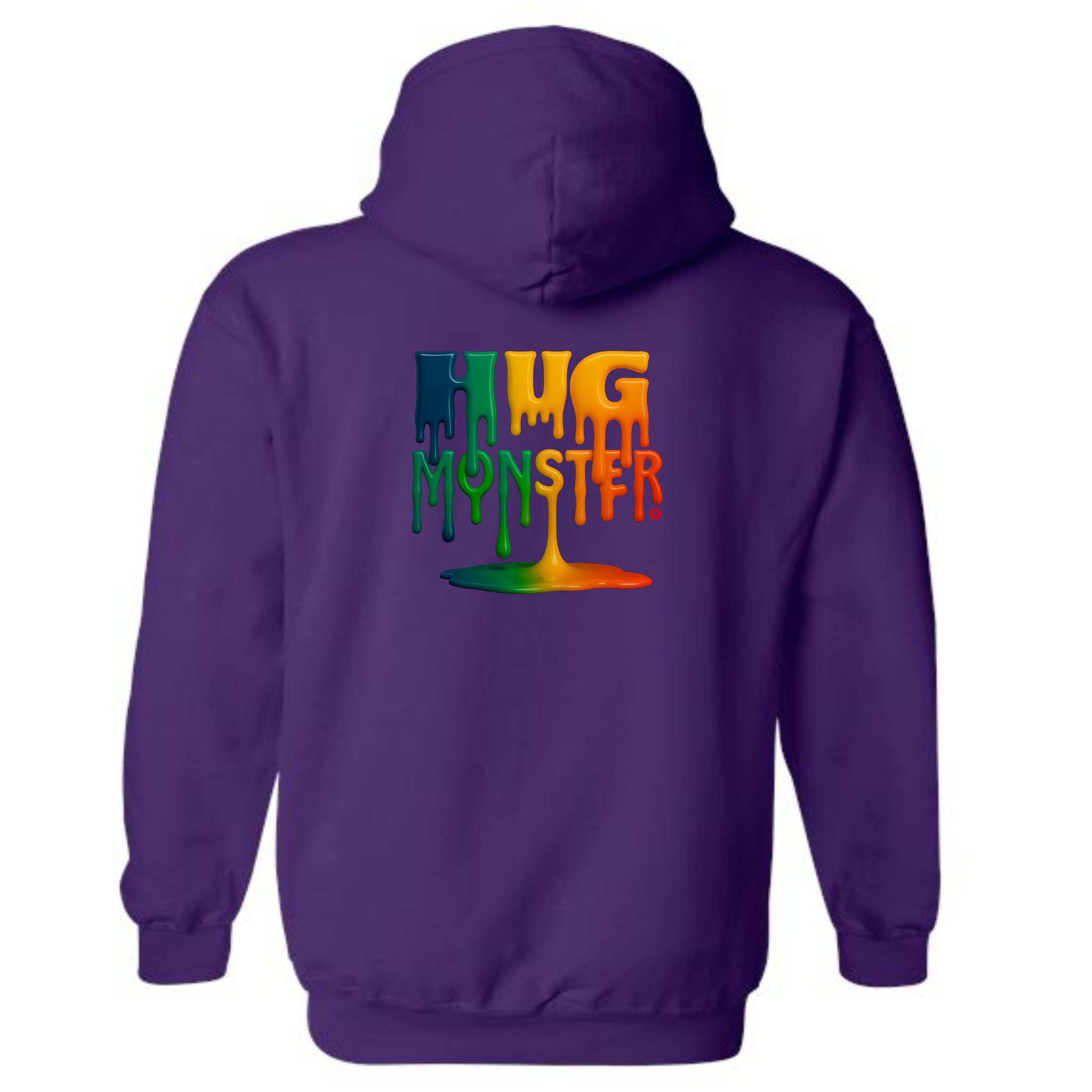 Purple hoodie with 'Hug Monster' text on the back against a white background