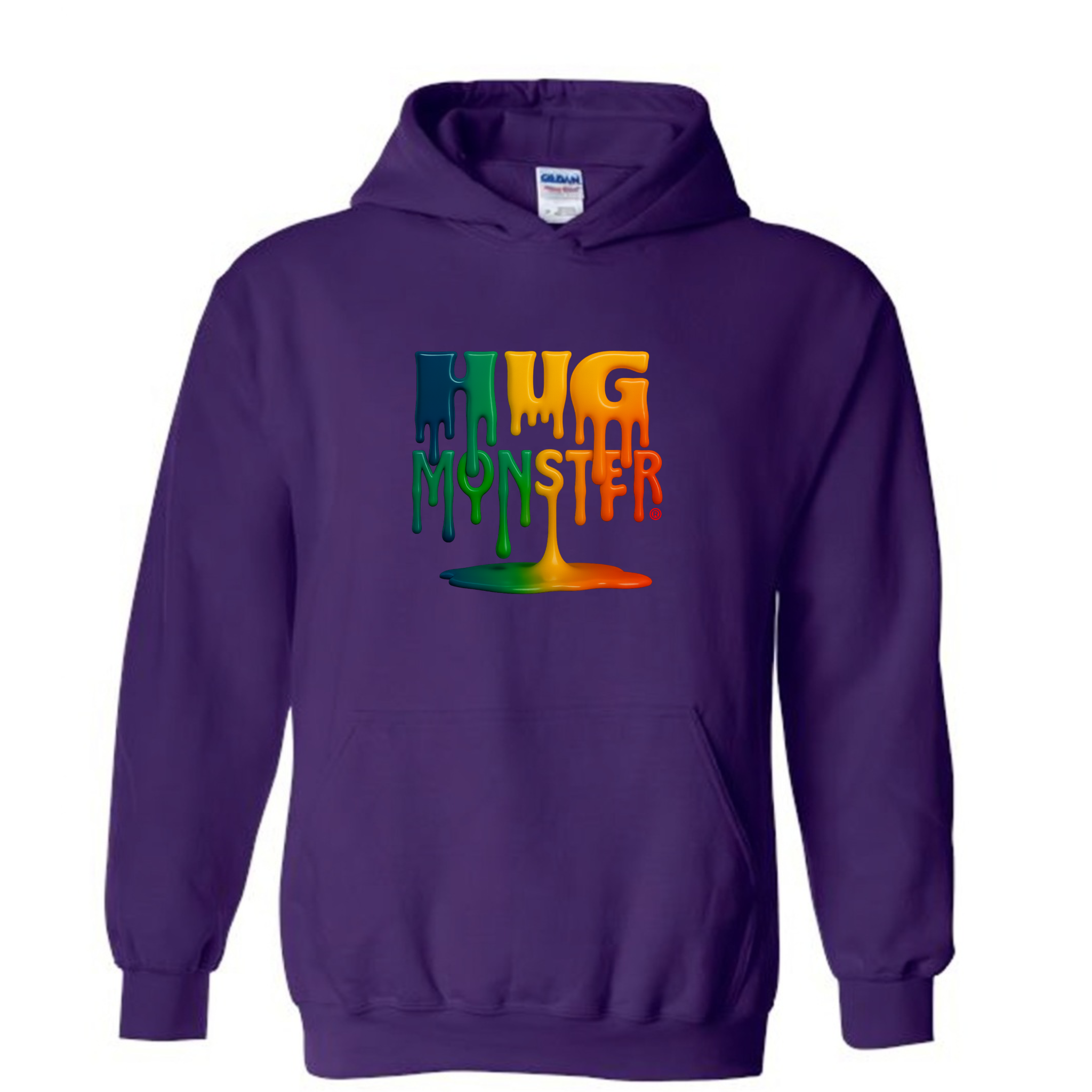 Hug Monster Dripping Paint Puddle graphic hoodie in Purple cozy fleece positive message sweatshirt