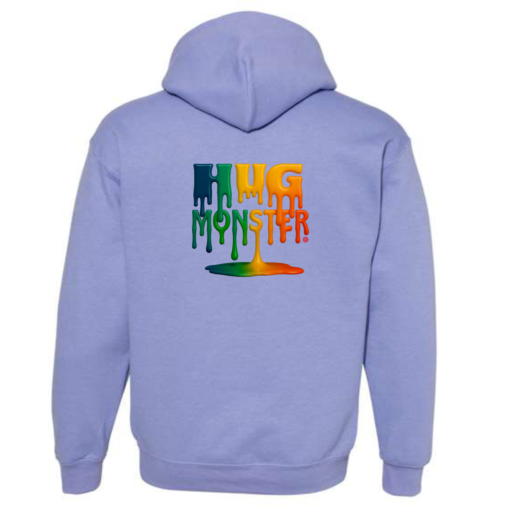 Violet hoodie with 'Hug Monster' text on the back against a white background