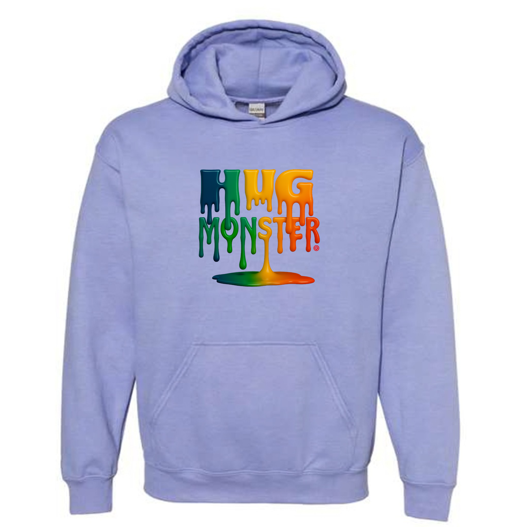 Hug Monster Dripping Paint Puddle graphic hoodie in Violet cozy fleece positive message sweatshirt