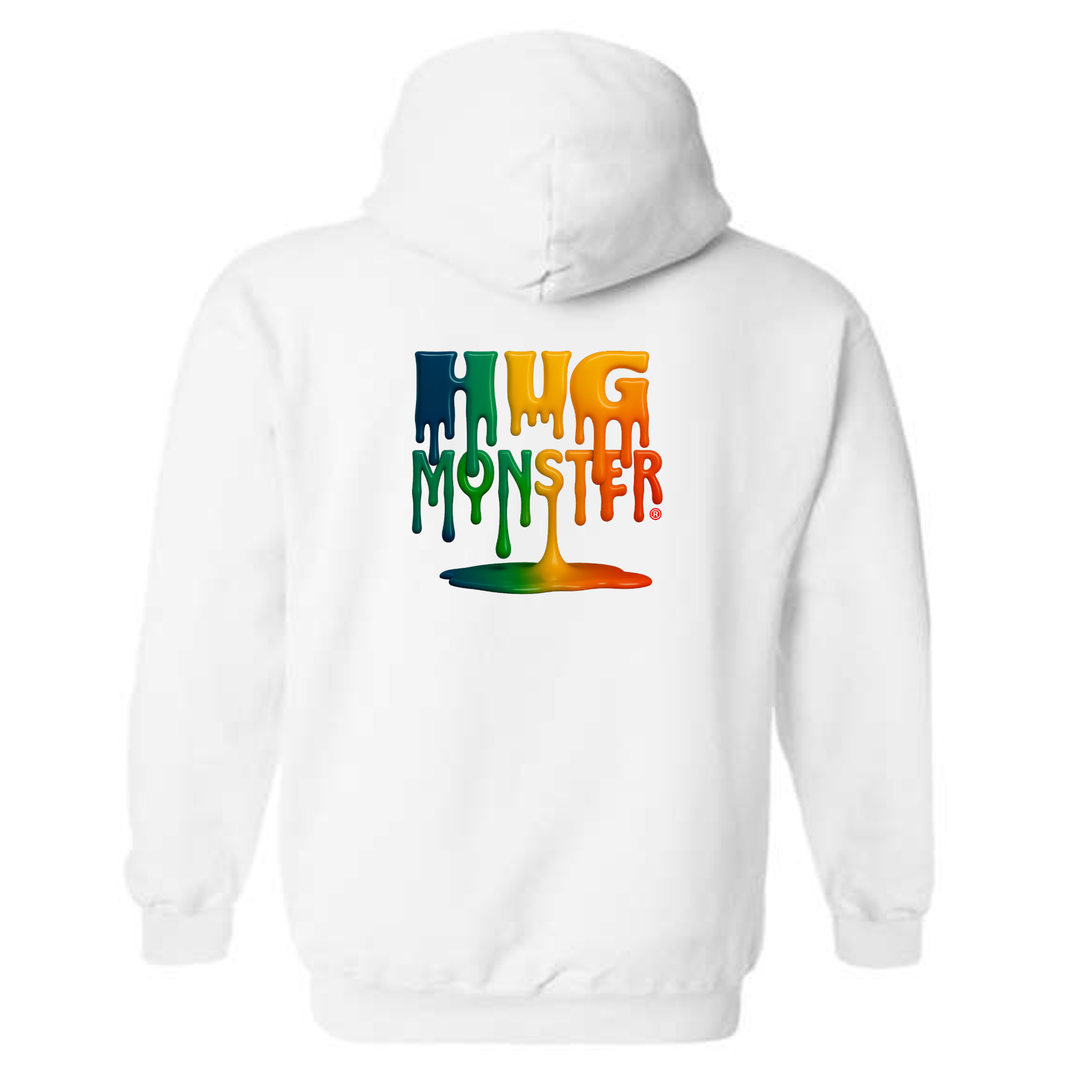 White hoodie with colorful 'Hug Monster' text design on a white background