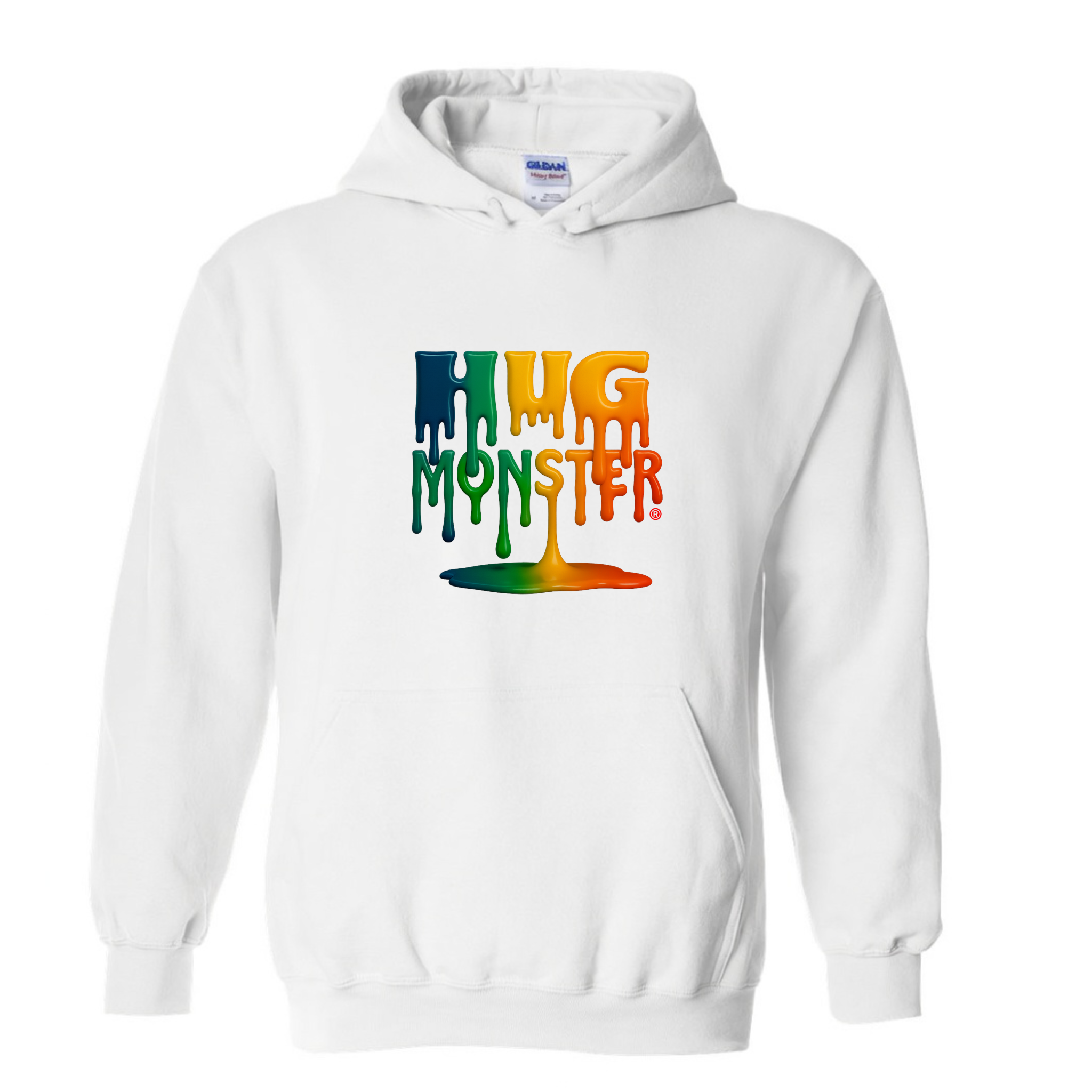 White hoodie with colorful 'Hug Monster' text design on a white background