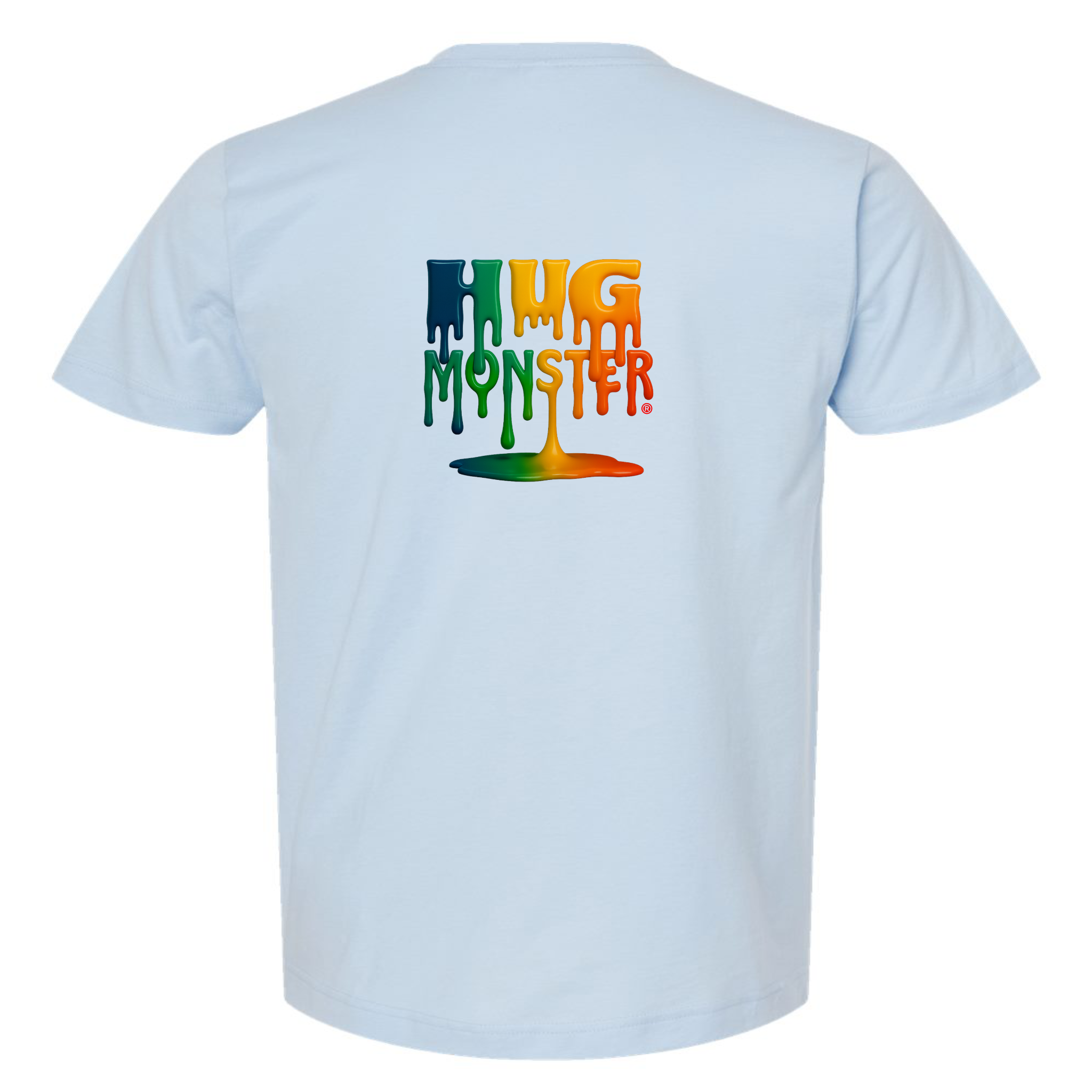 Hug Monster Dripping Paint Puddle T-Shirt - Positive Message Graphic Tee in Baby Blue – Back View