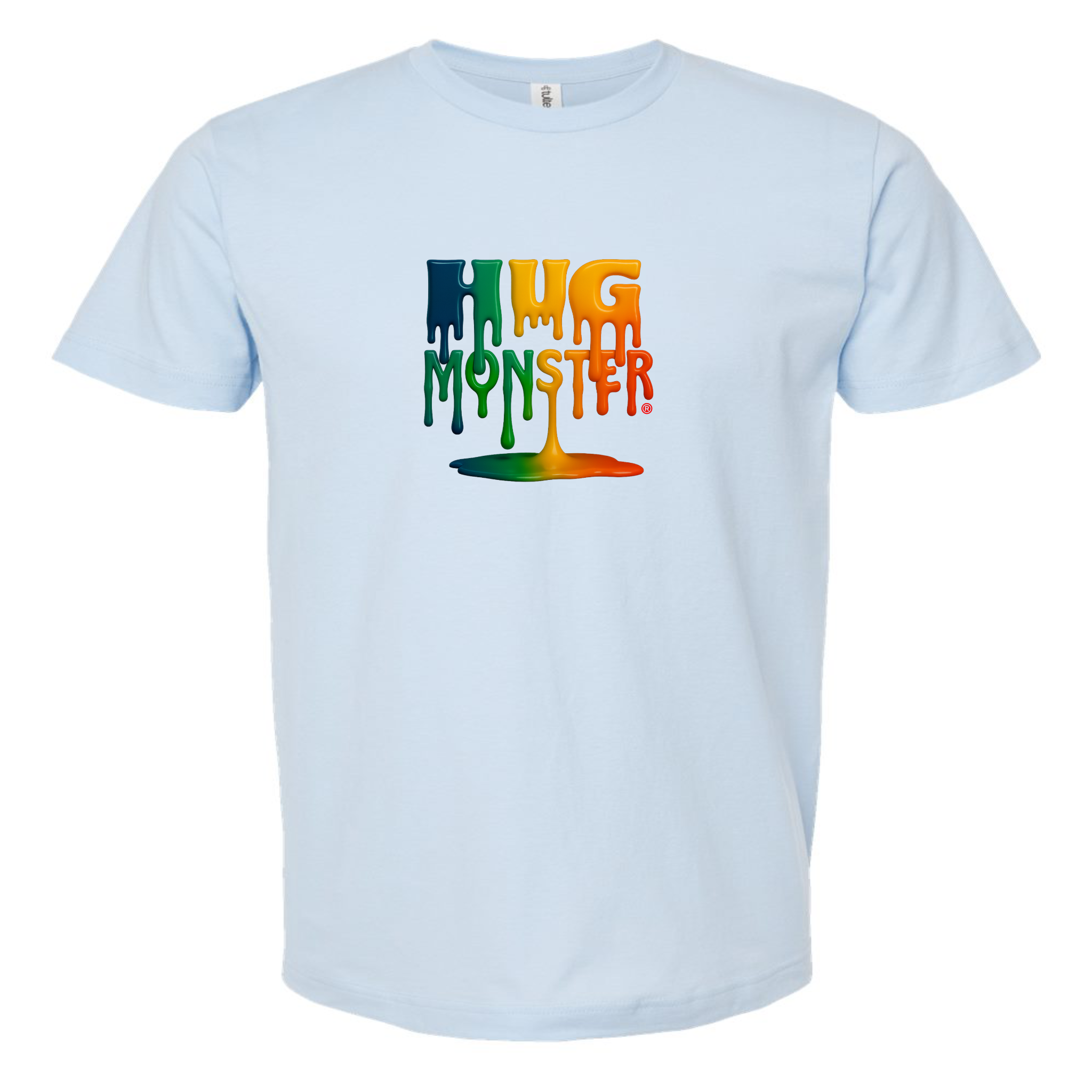 Hug Monster Dripping Paint Puddle T-Shirt - Positive Message Graphic Tee in Baby Blue – Front View