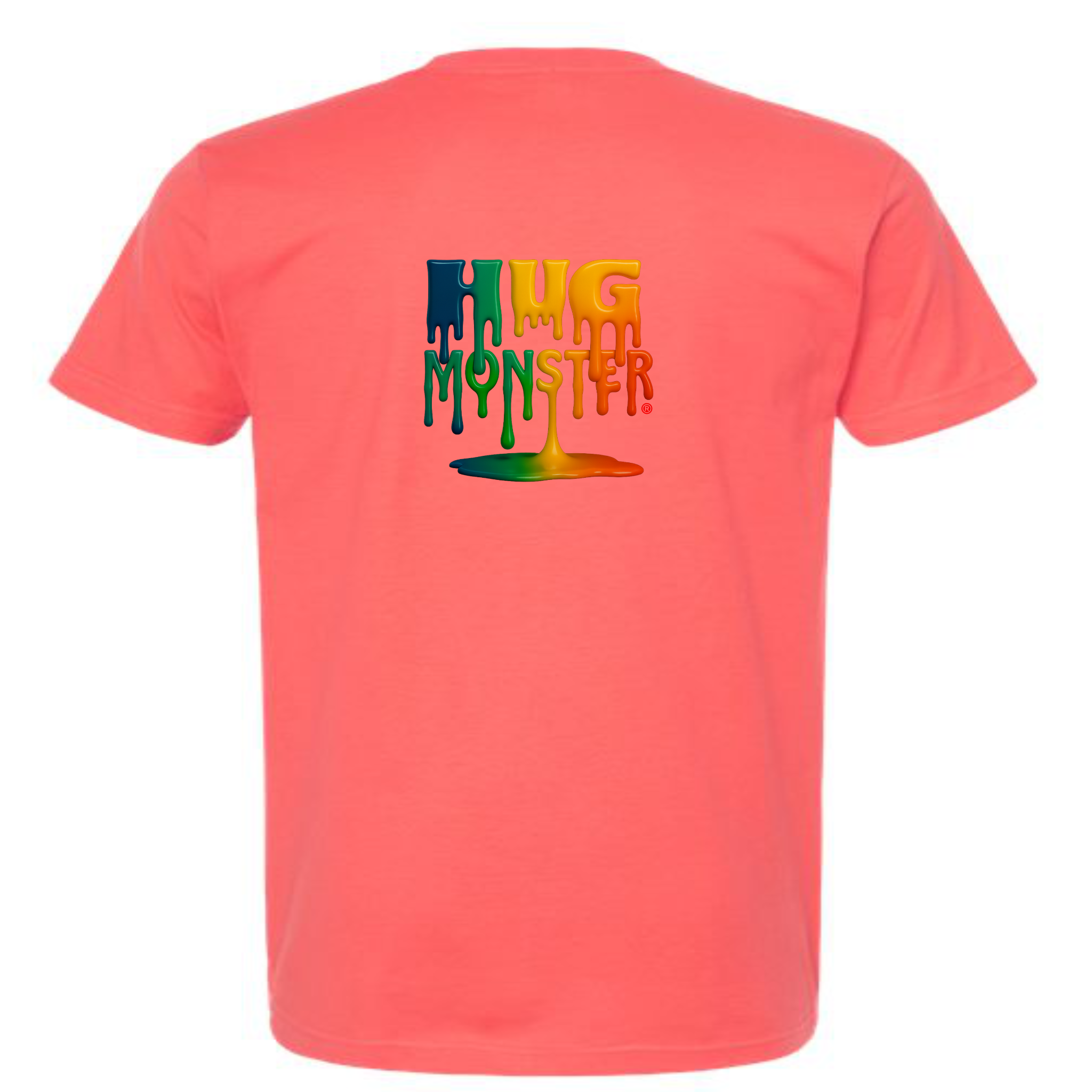 Hug Monster Dripping Paint Puddle T-Shirt - Positive Message Graphic Tee in Bright Coral – Back View