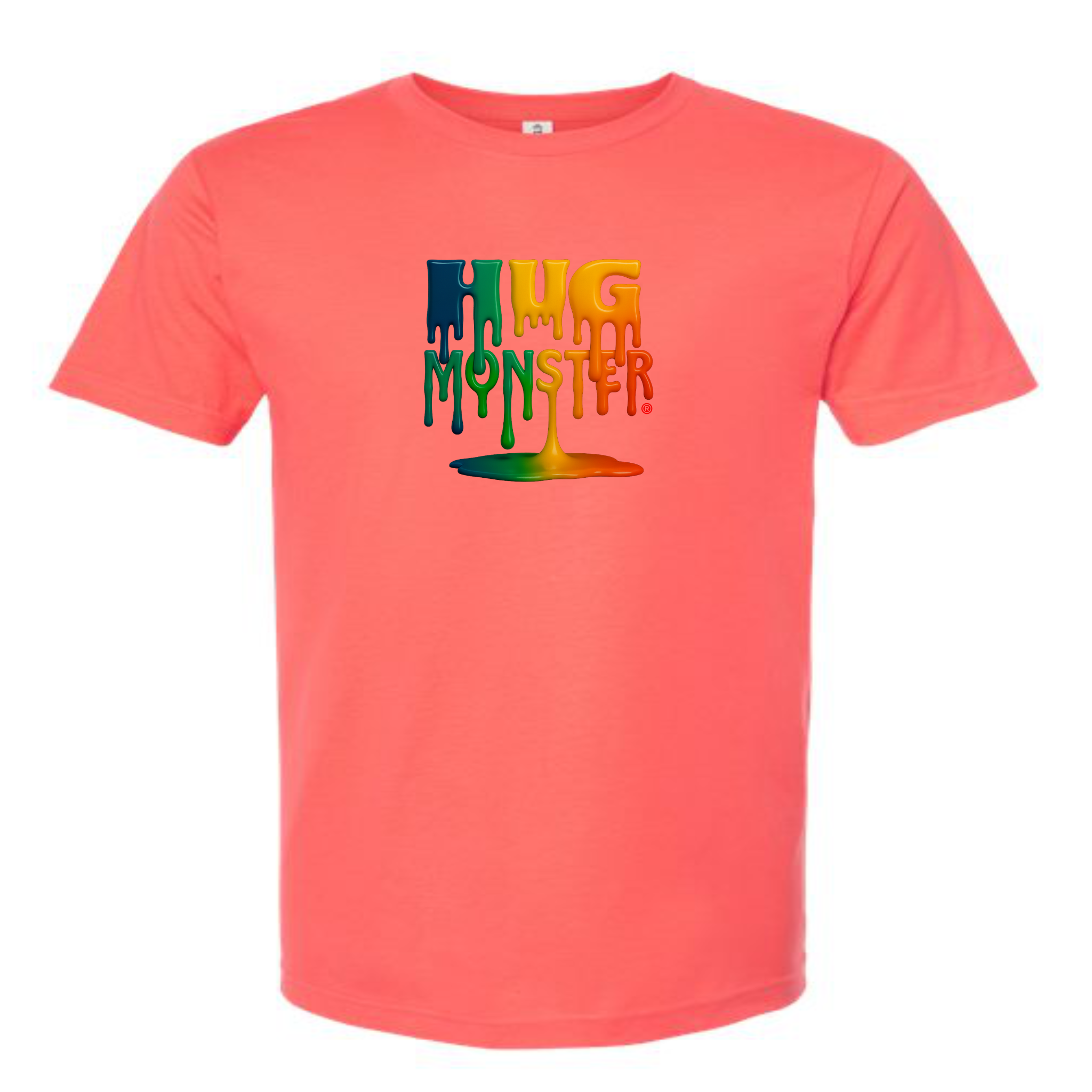 Hug Monster Dripping Paint Puddle T-Shirt - Positive Message Graphic Tee in Bright Coral – Front View