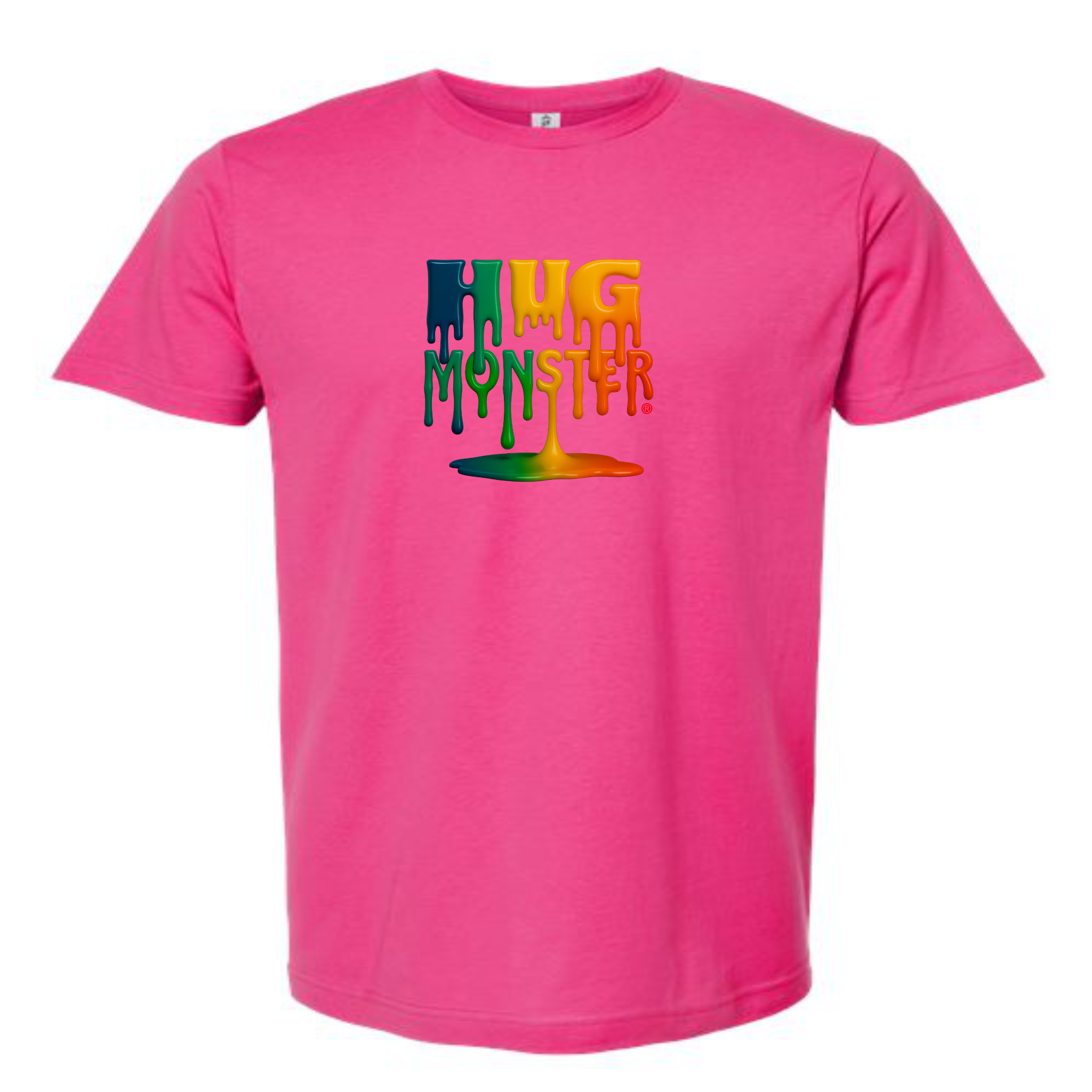 Hug Monster Dripping Paint Puddle T-Shirt - Positive Message Graphic Tee in Bright Fuscia – Back View
