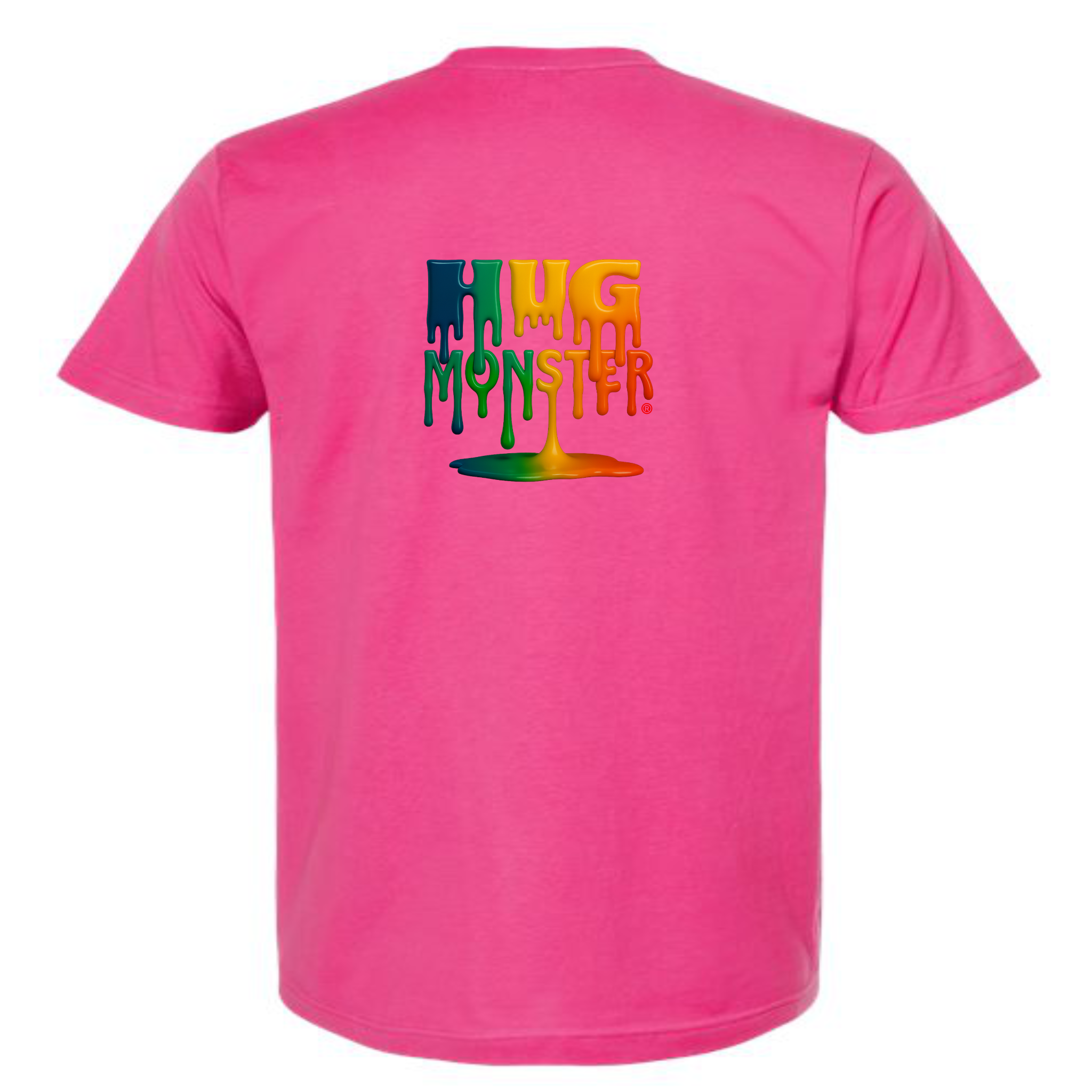 Hug Monster Dripping Paint Puddle T-Shirt - Positive Message Graphic Tee in Bright Fuscia – Front View