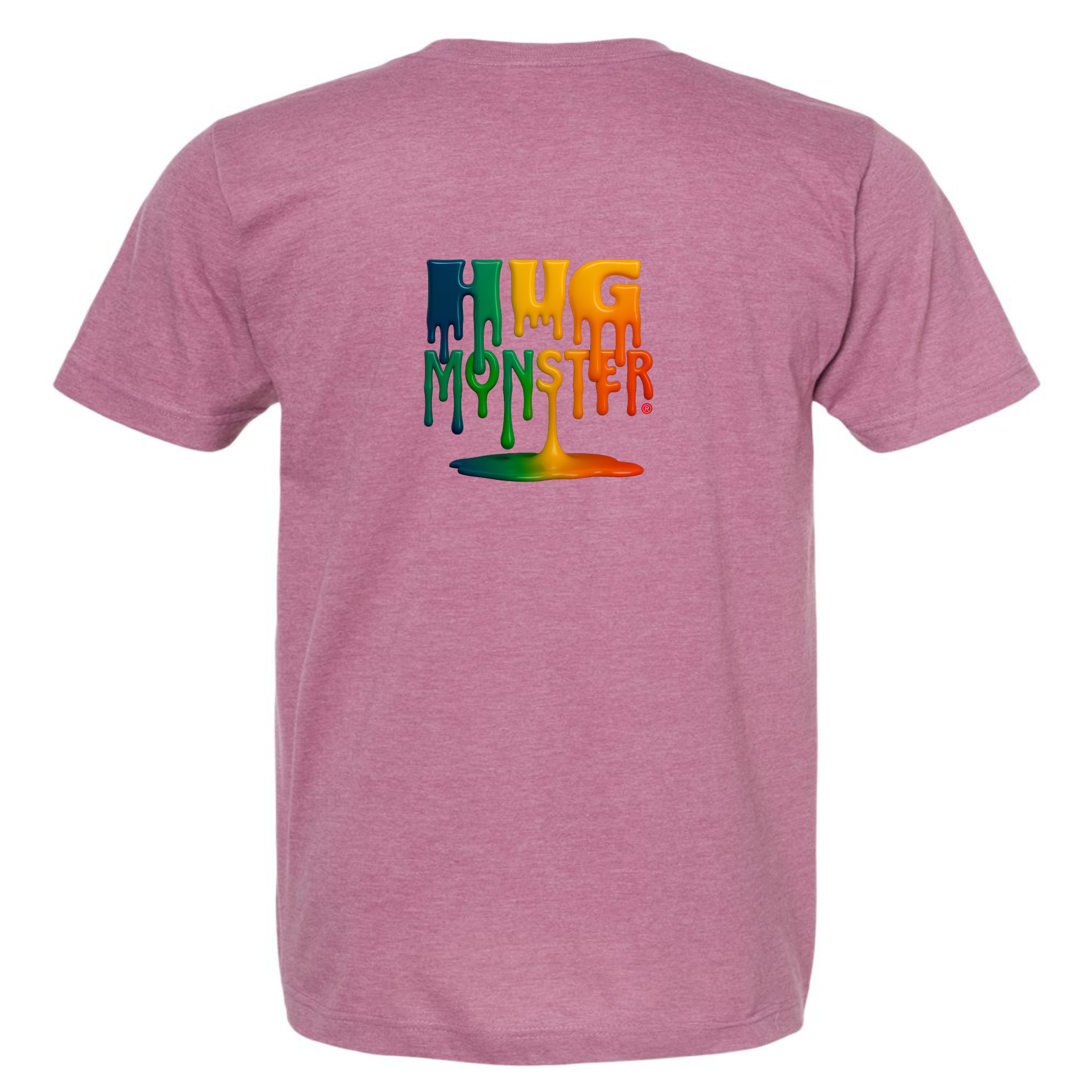Hug Monster Dripping Paint Puddle T-Shirt - Positive Message Graphic Tee in Heather Dusty Rose Pink – Back View