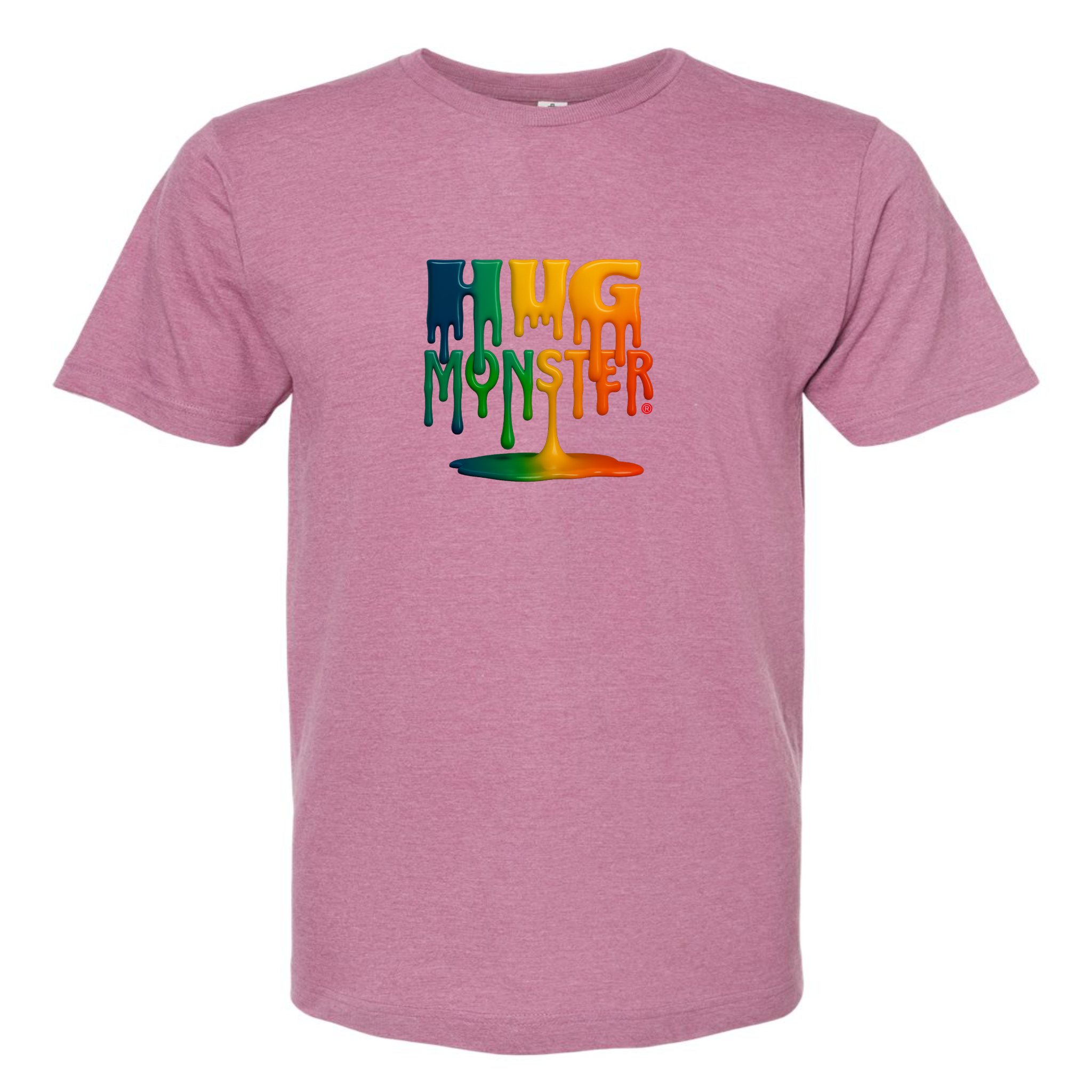 Hug Monster Dripping Paint Puddle T-Shirt - Positive Message Graphic Tee in Heather Dusty Rose Pink – Front View
