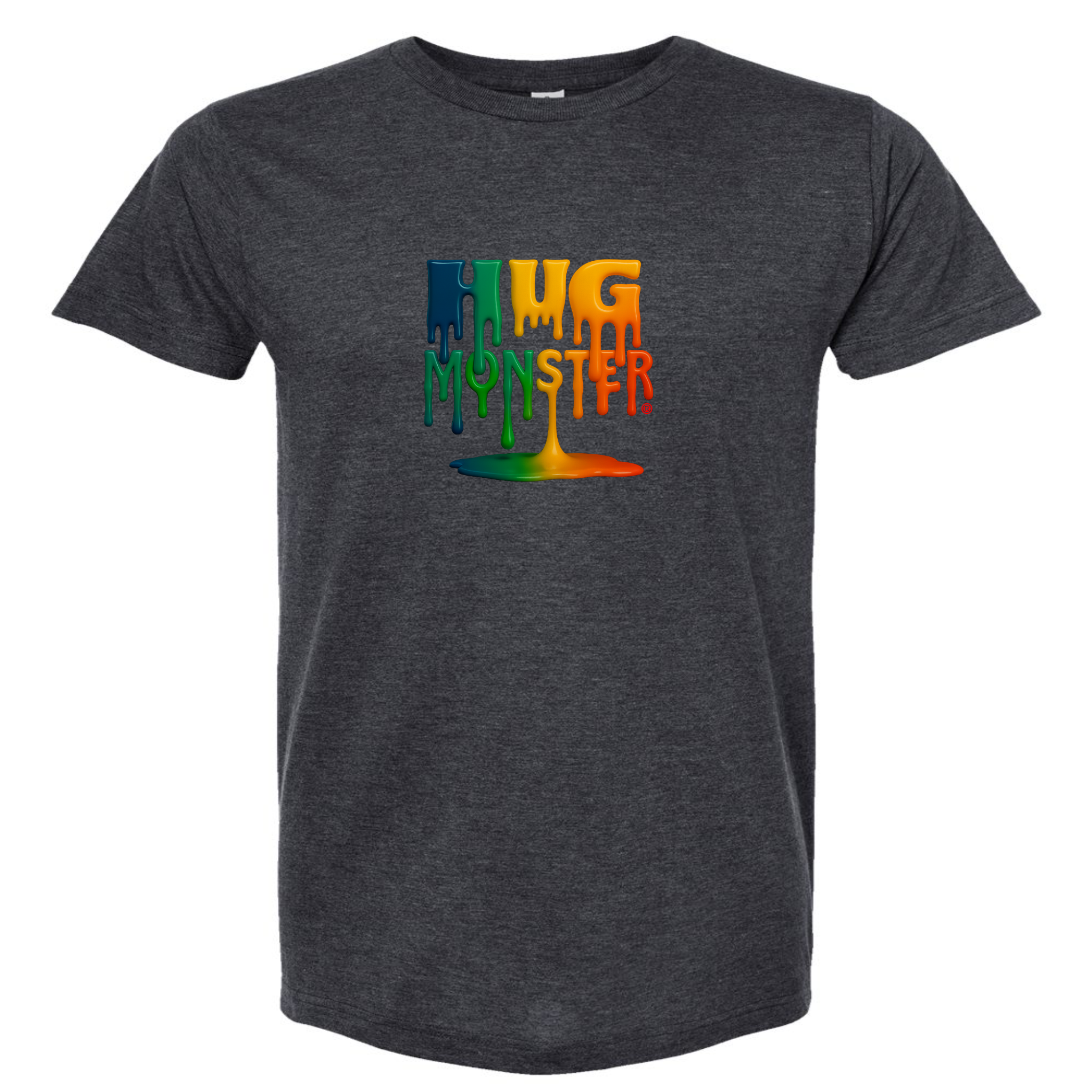 Hug Monster Dripping Paint Puddle T-Shirt - Positive Message Graphic Tee in Heather Graphite Grey – Front View