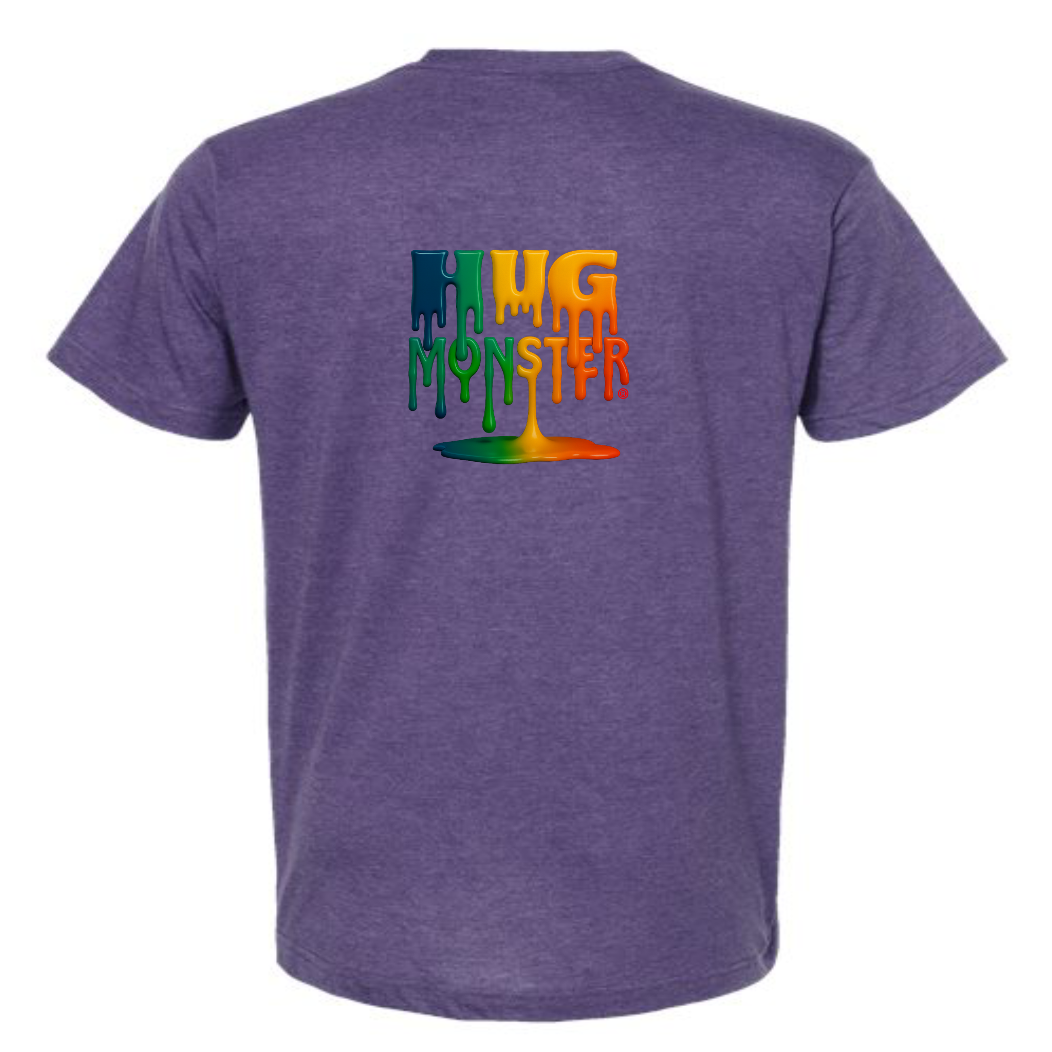 Hug Monster Dripping Paint Puddle T-Shirt - Positive Message Graphic Tee in Heather Purple – Back View
