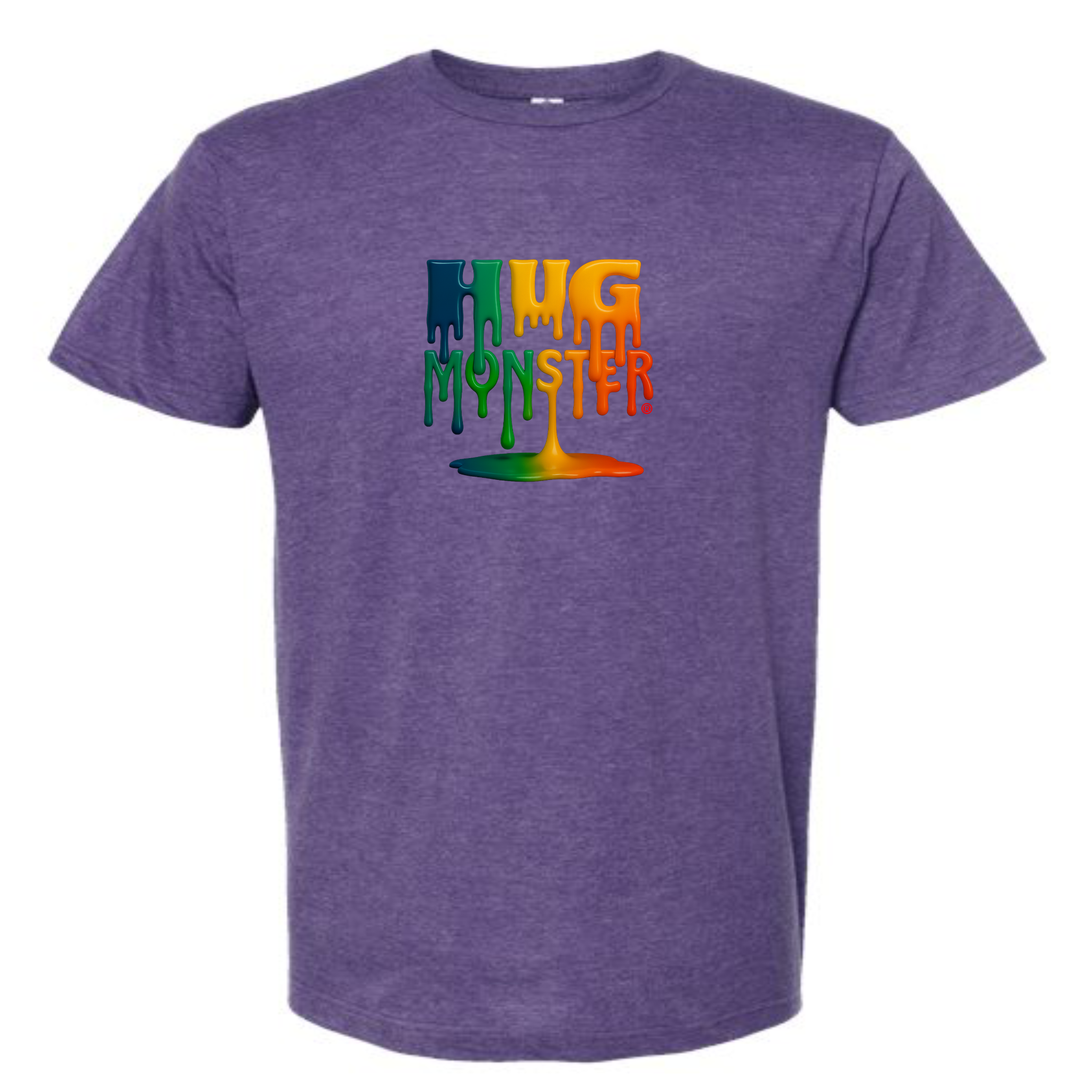 Hug Monster Dripping Paint Puddle T-Shirt - Positive Message Graphic Tee in Heather Purple – Front View