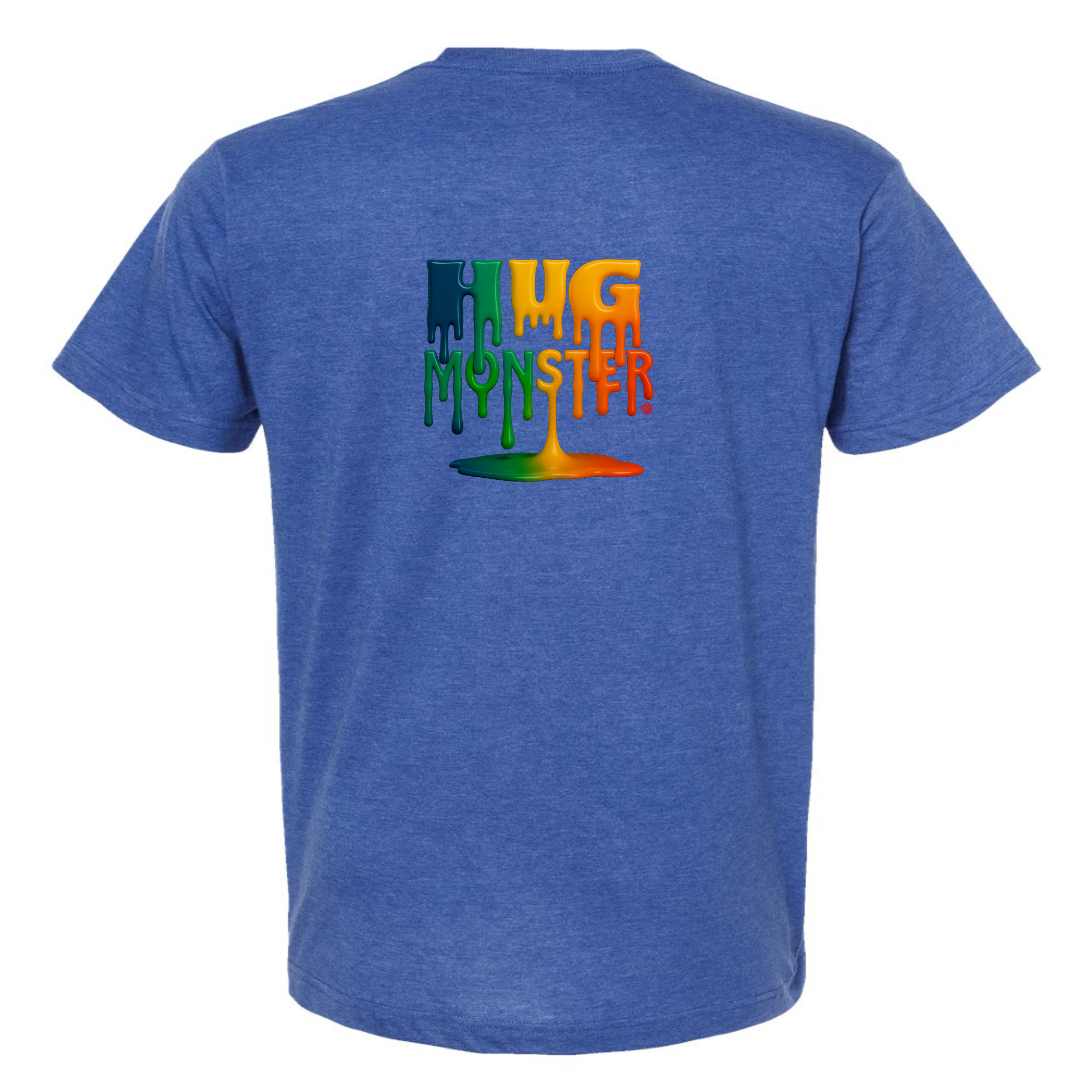 Hug Monster Dripping Paint Puddle T-Shirt - Positive Message Graphic Tee in Heather Royal Blue – Back View