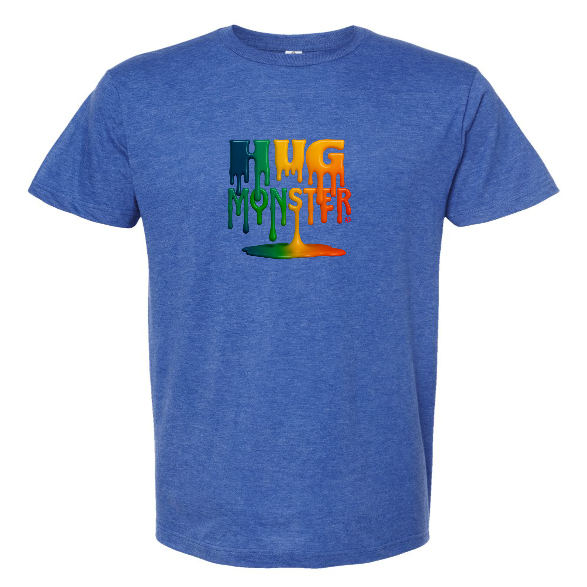 Hug Monster Dripping Paint Puddle T-Shirt - Positive Message Graphic Tee in Heather Royal Blue – Front View