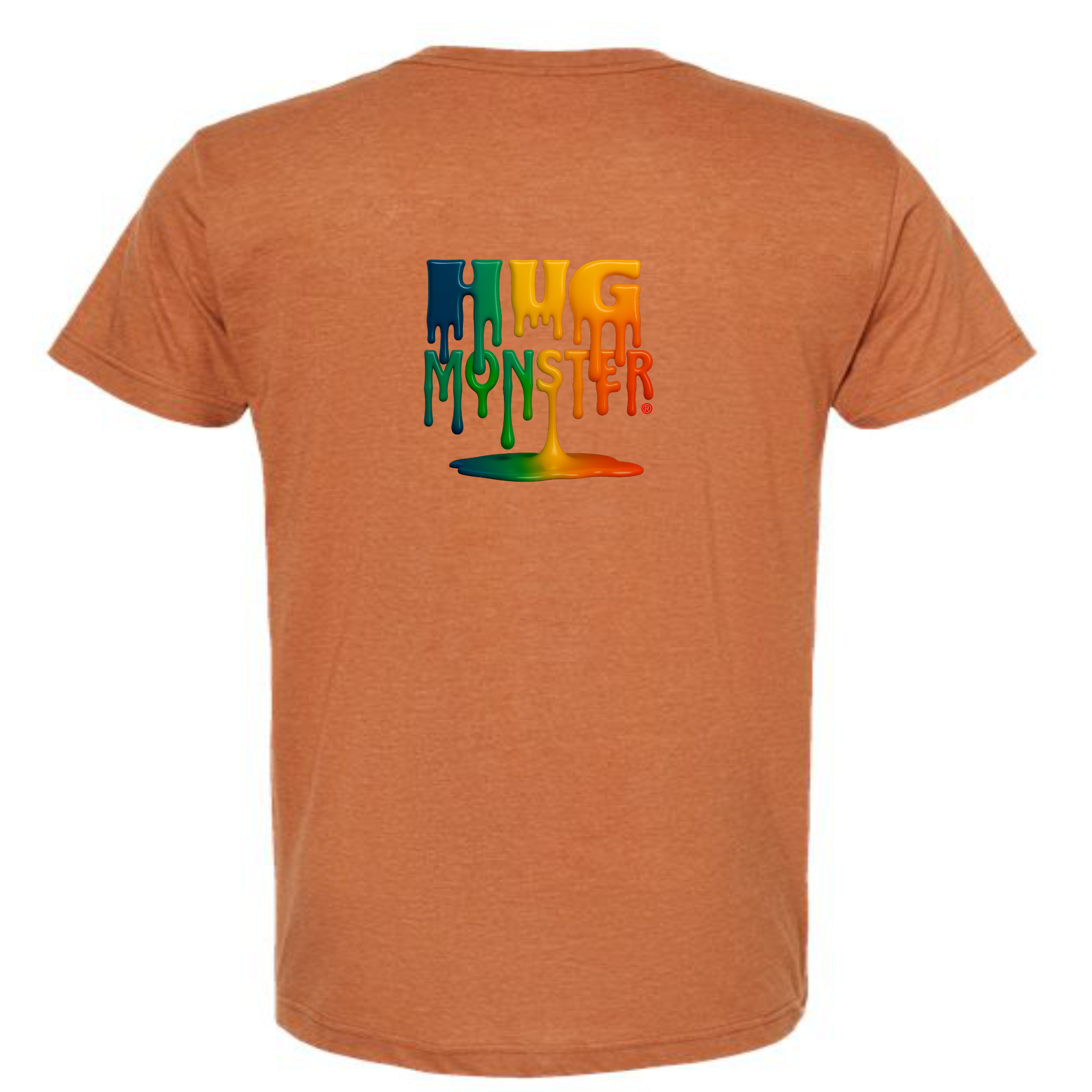 Hug Monster Dripping Paint Puddle T-Shirt - Positive Message Graphic Tee in Heather Rust – Back View