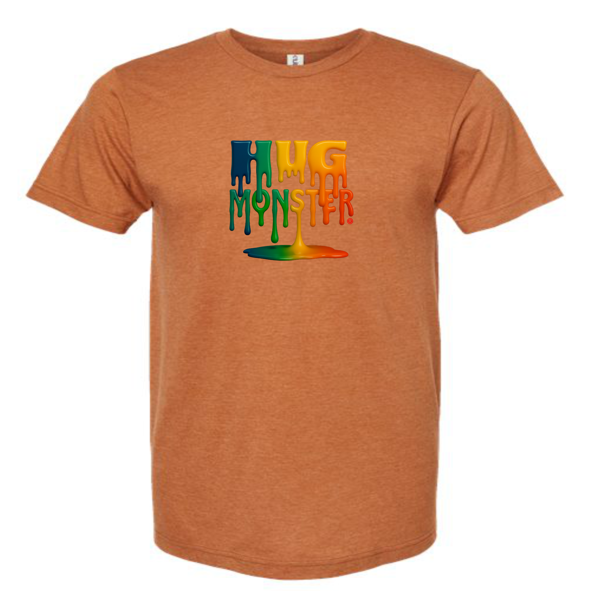 Hug Monster Dripping Paint Puddle T-Shirt - Positive Message Graphic Tee in Heather Rust – Front View