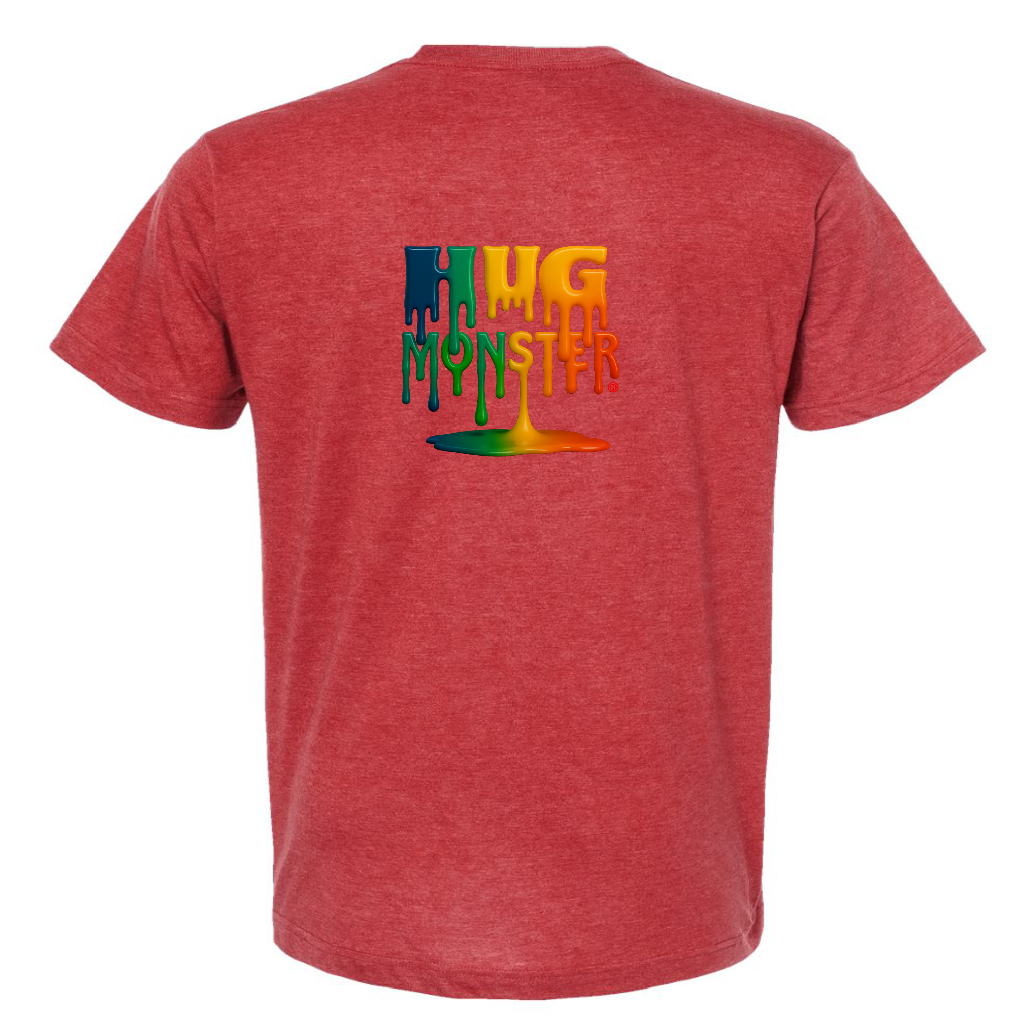 Hug Monster Dripping Paint Puddle T-Shirt - Positive Message Graphic Tee in Heather Scarlet Red – Back View