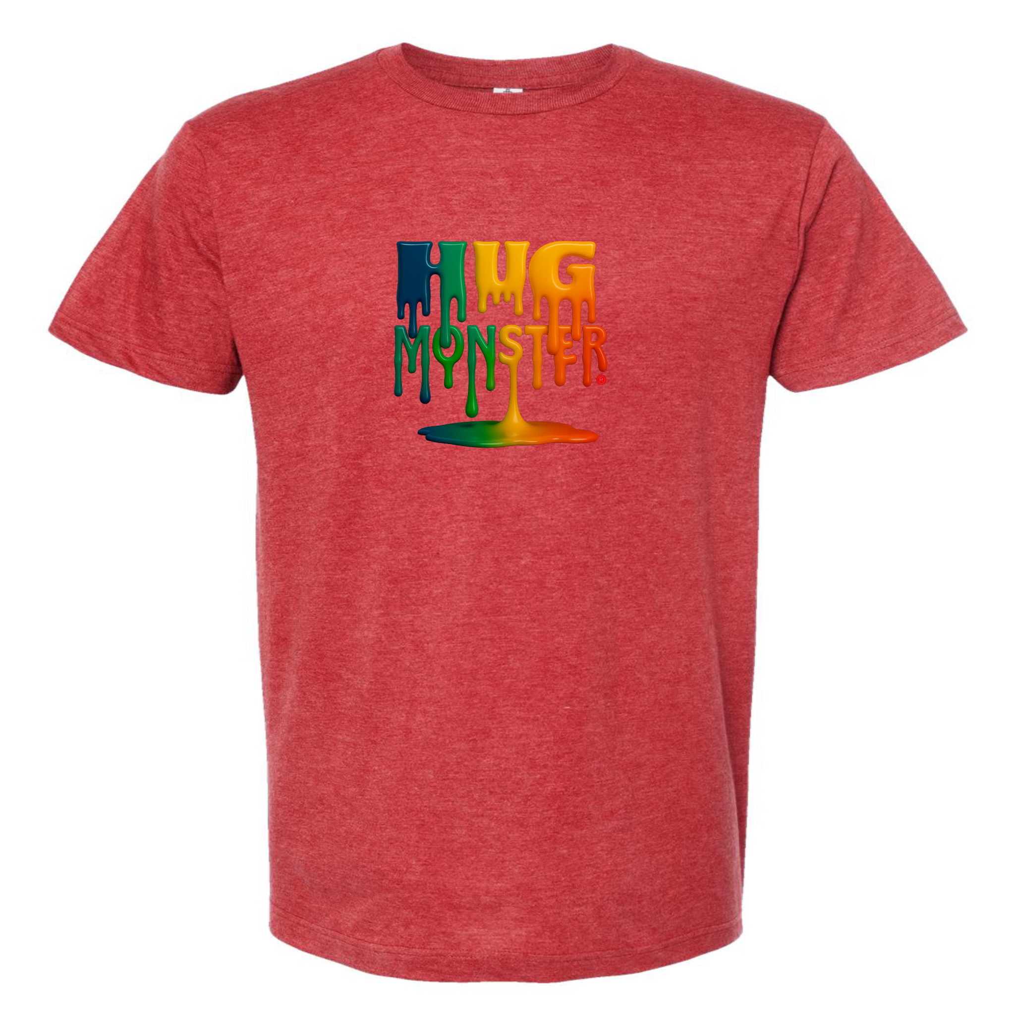 Hug Monster Dripping Paint Puddle T-Shirt - Positive Message Graphic Tee in Heather Scarlet Red – Front View