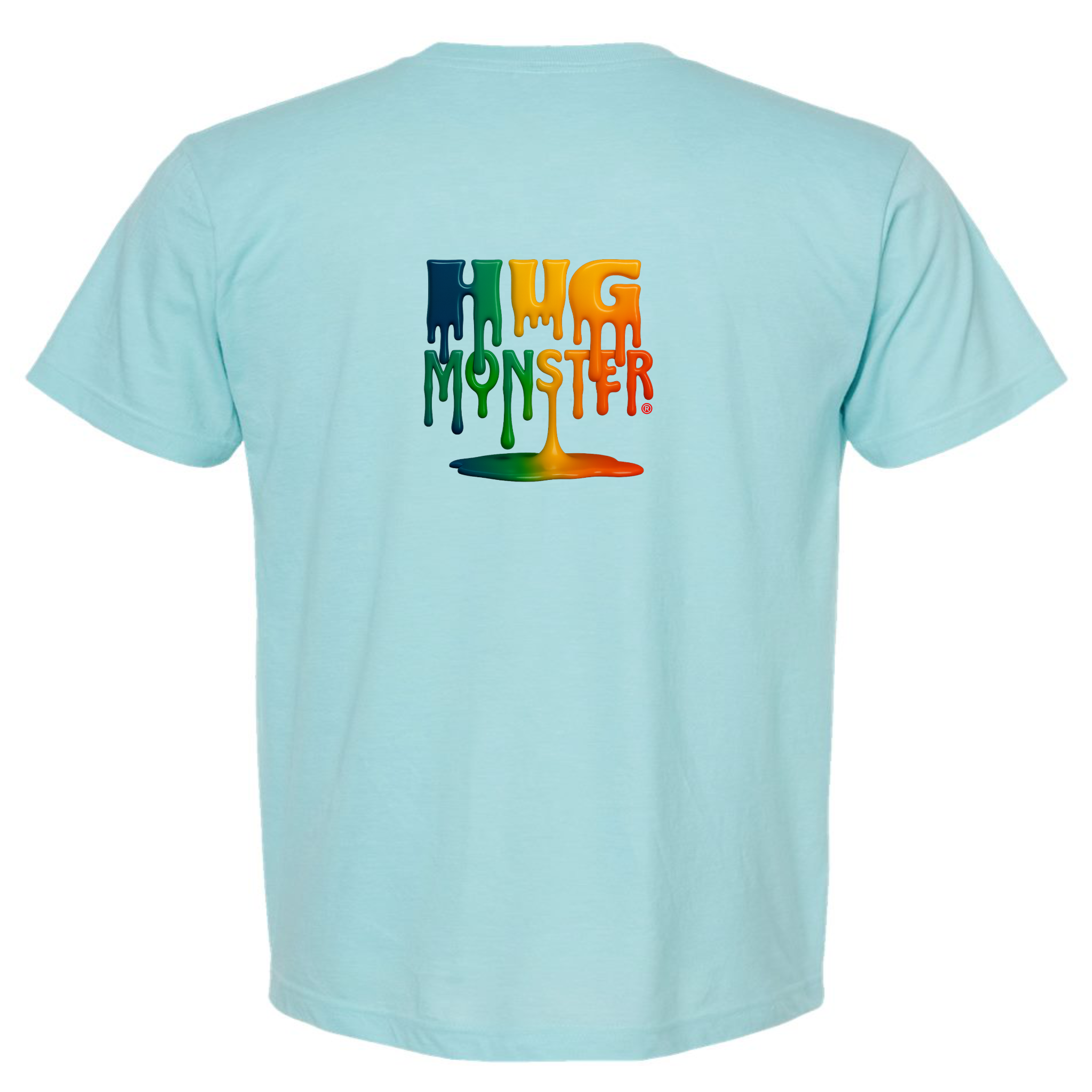 Hug Monster Dripping Paint Puddle T-Shirt - Positive Message Graphic Tee in Heather Turquoise – Back View