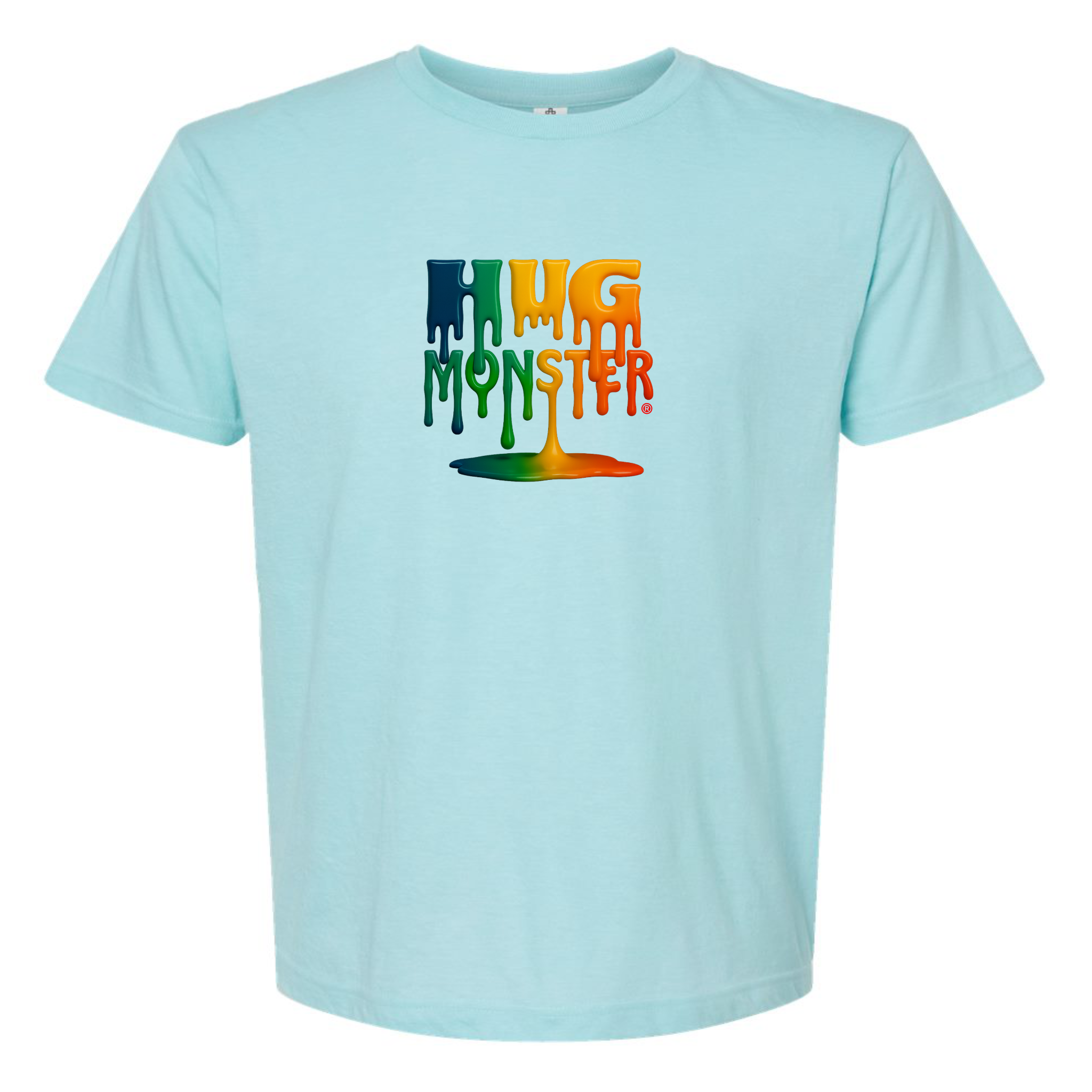 Hug Monster Dripping Paint Puddle T-Shirt - Positive Message Graphic Tee in Heather Turquoise – Front View