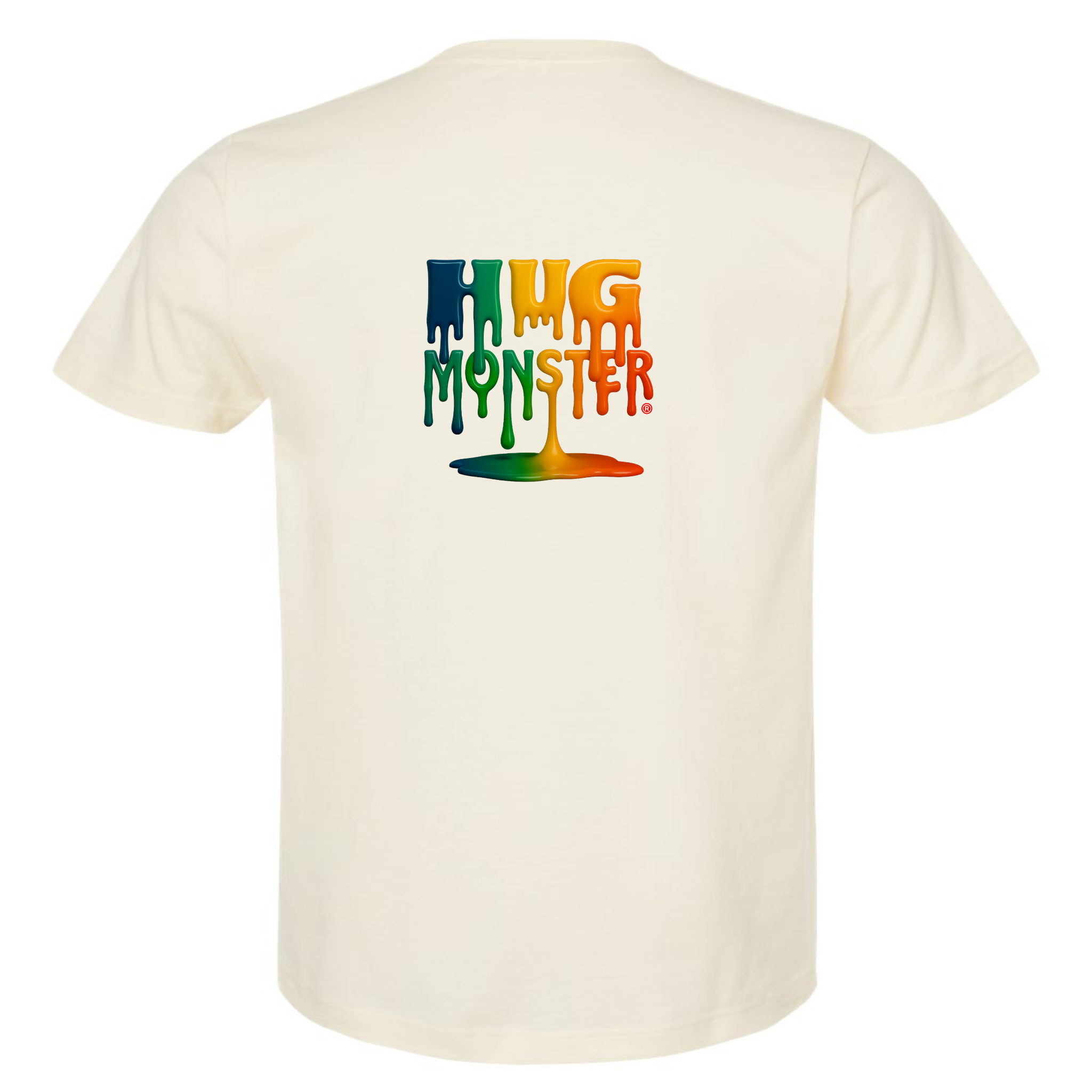 Hug Monster Dripping Paint Puddle T-Shirt - Positive Message Graphic Tee in Natural – Back View
