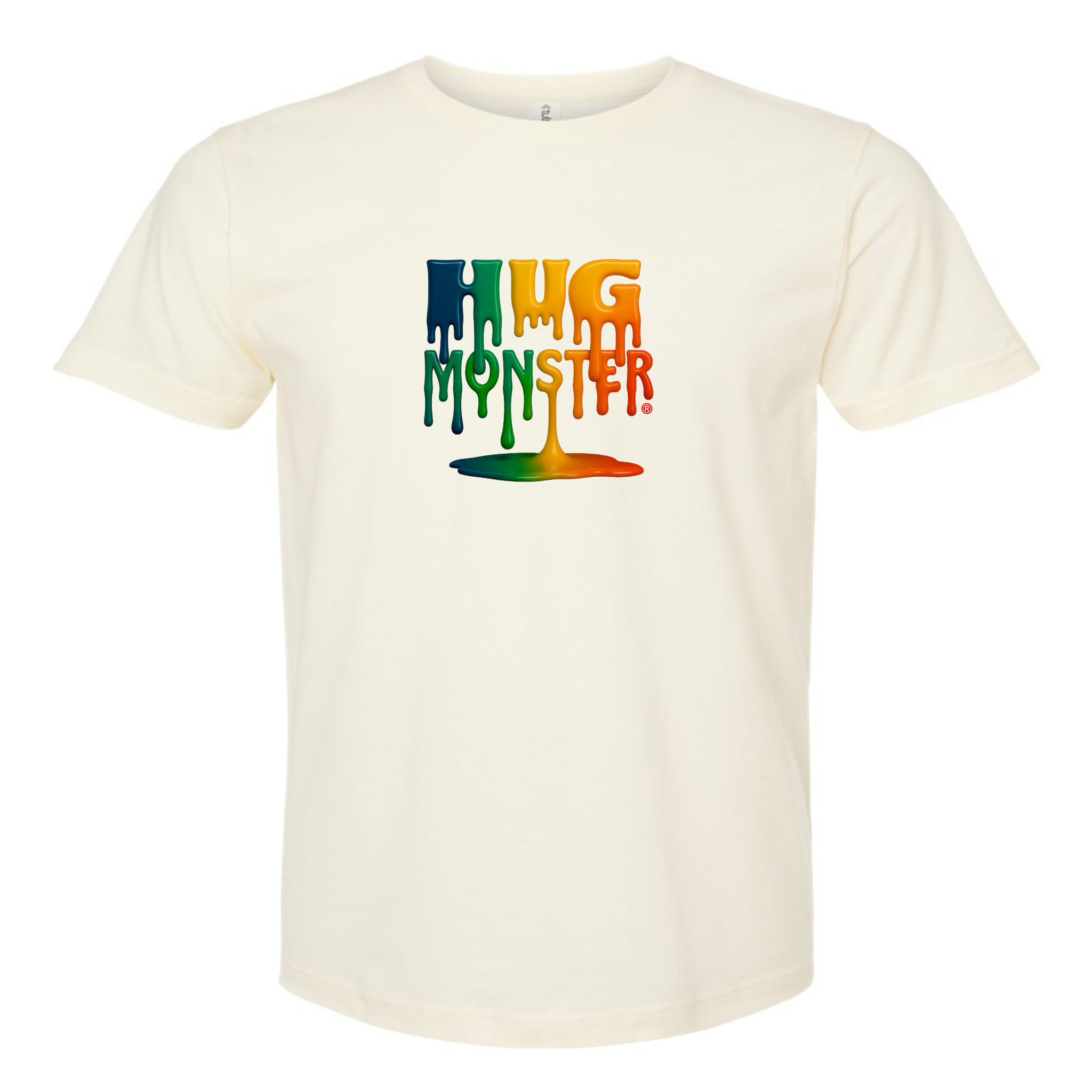 Hug Monster Dripping Paint Puddle T-Shirt - Positive Message Graphic Tee in Natural – Front View