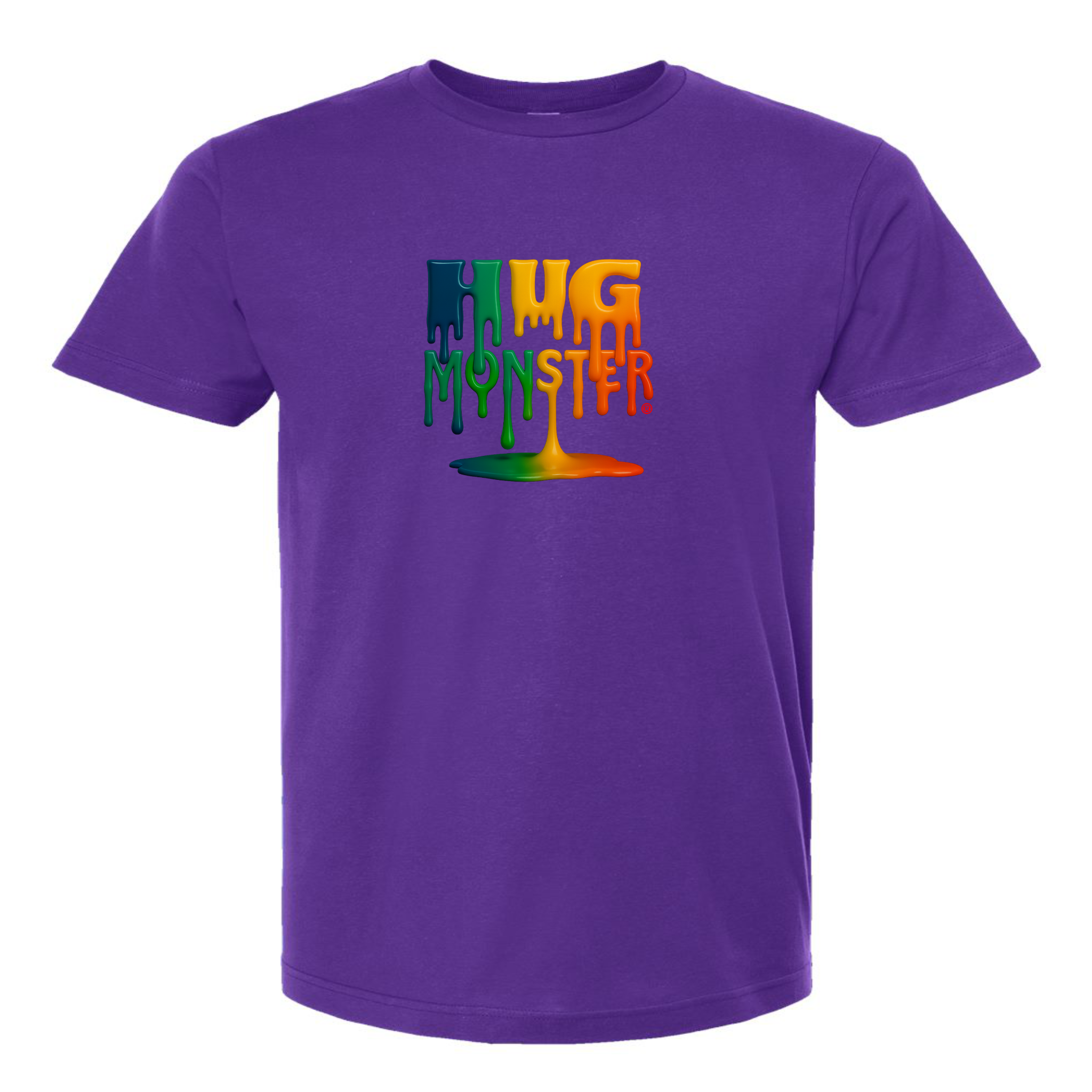 Hug Monster Dripping Paint Puddle T-Shirt - Positive Message Graphic Tee in Purple – Front View