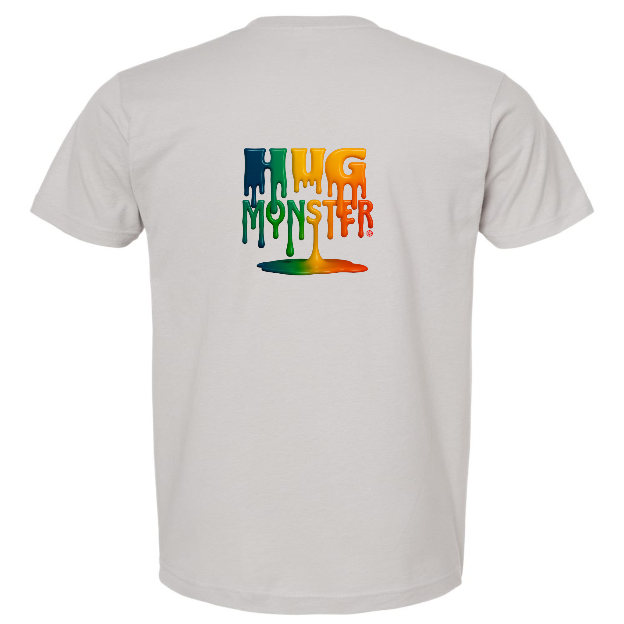 Hug Monster Dripping Paint Puddle T-Shirt - Positive Message Graphic Tee in Silver – Back View