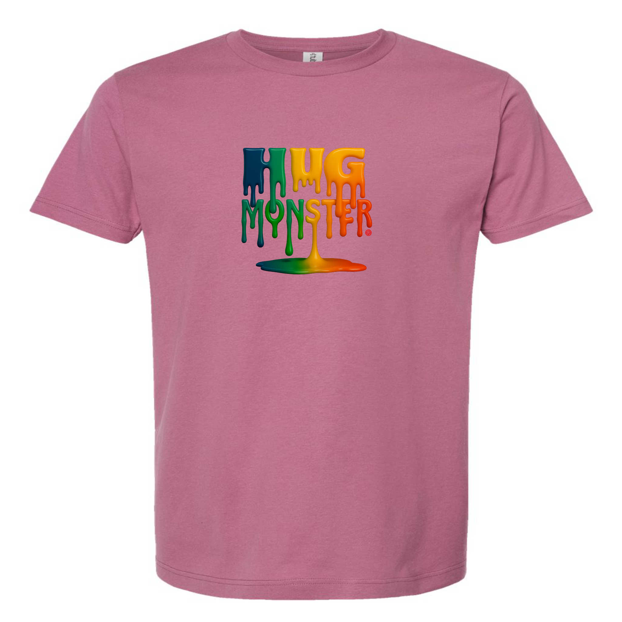 Hug Monster Dripping Paint Puddle T-Shirt - Positive Message Graphic Tee in Soft Dusty Rose Pink – Front View