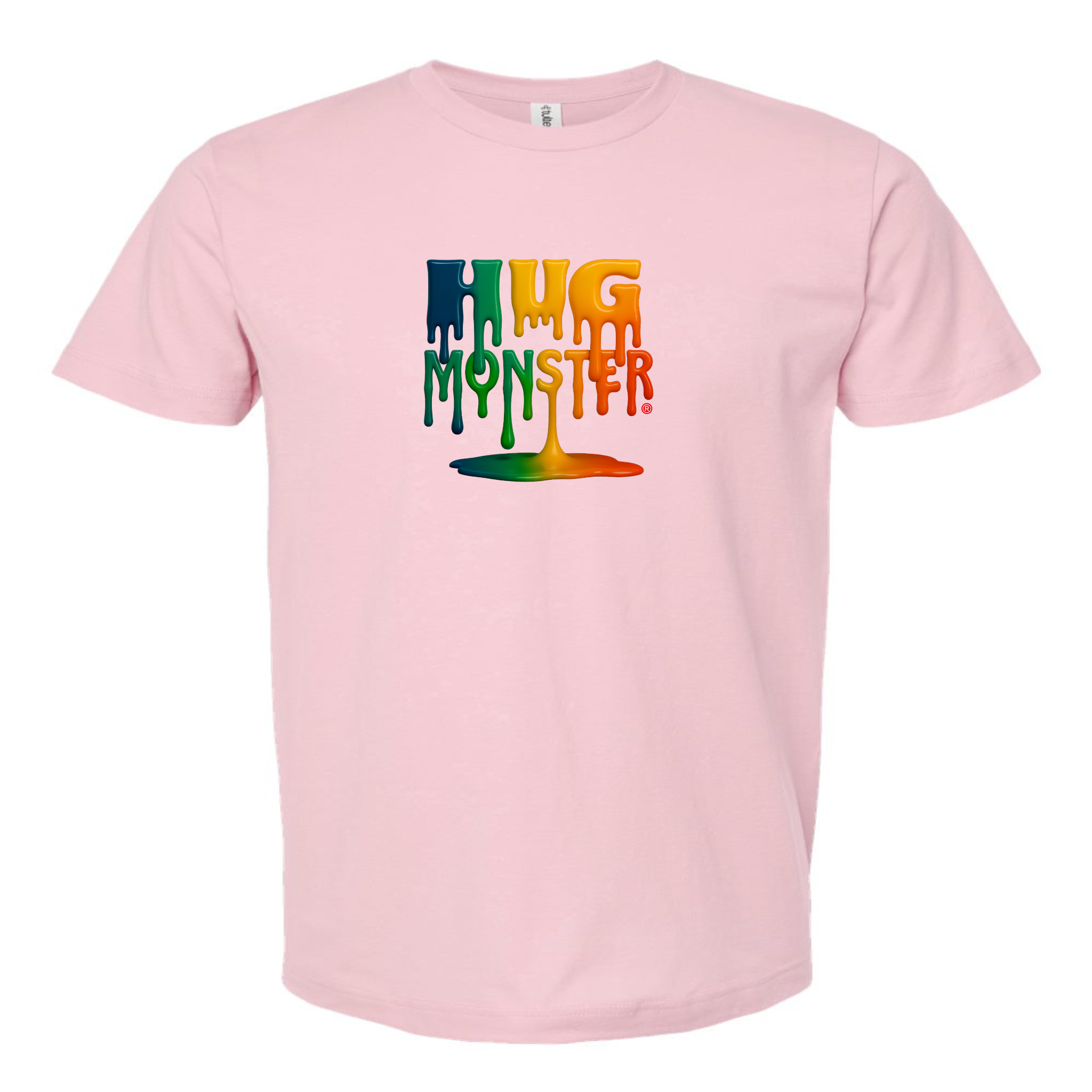 Hug Monster Dripping Paint Puddle T-Shirt - Positive Message Graphic Tee in Soft Pink – Front View