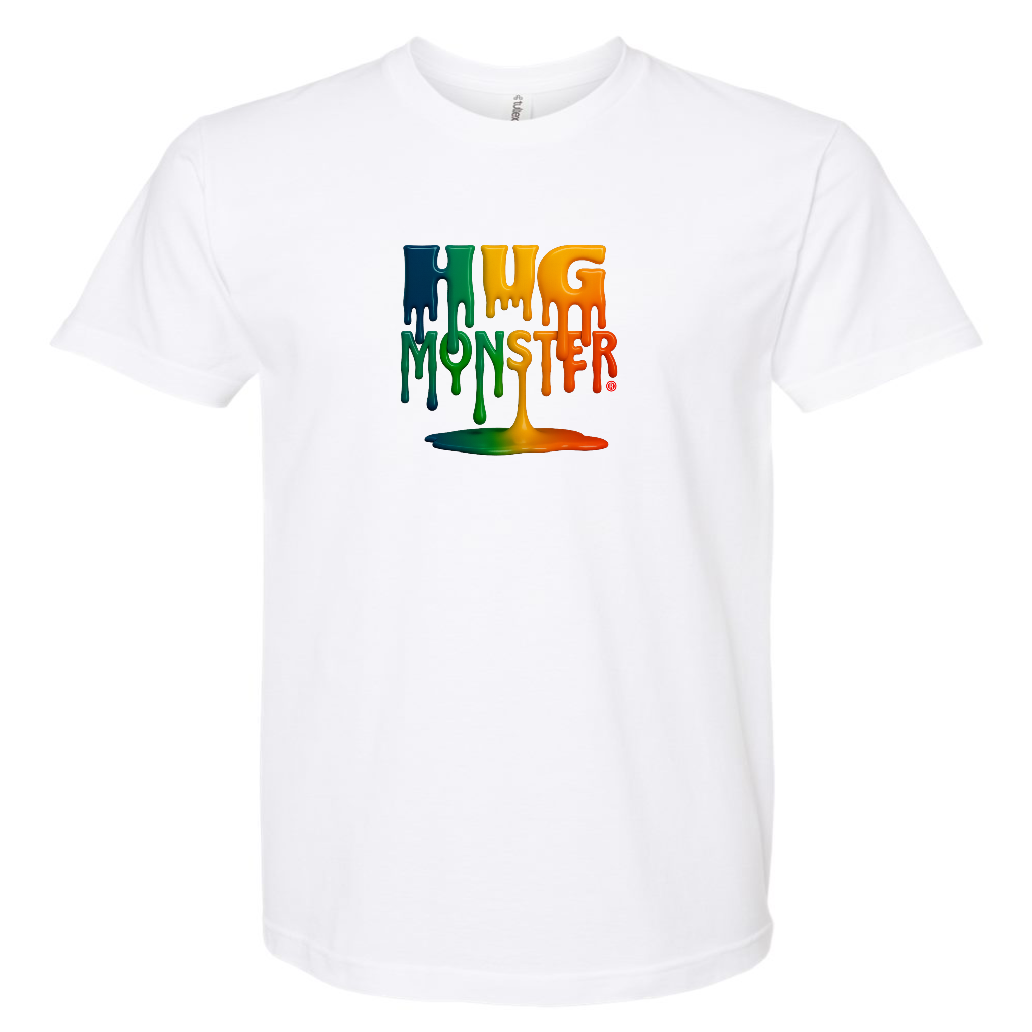 Hug Monster Dripping Paint Puddle T-Shirt - Positive Message Graphic Tee in White – Front View